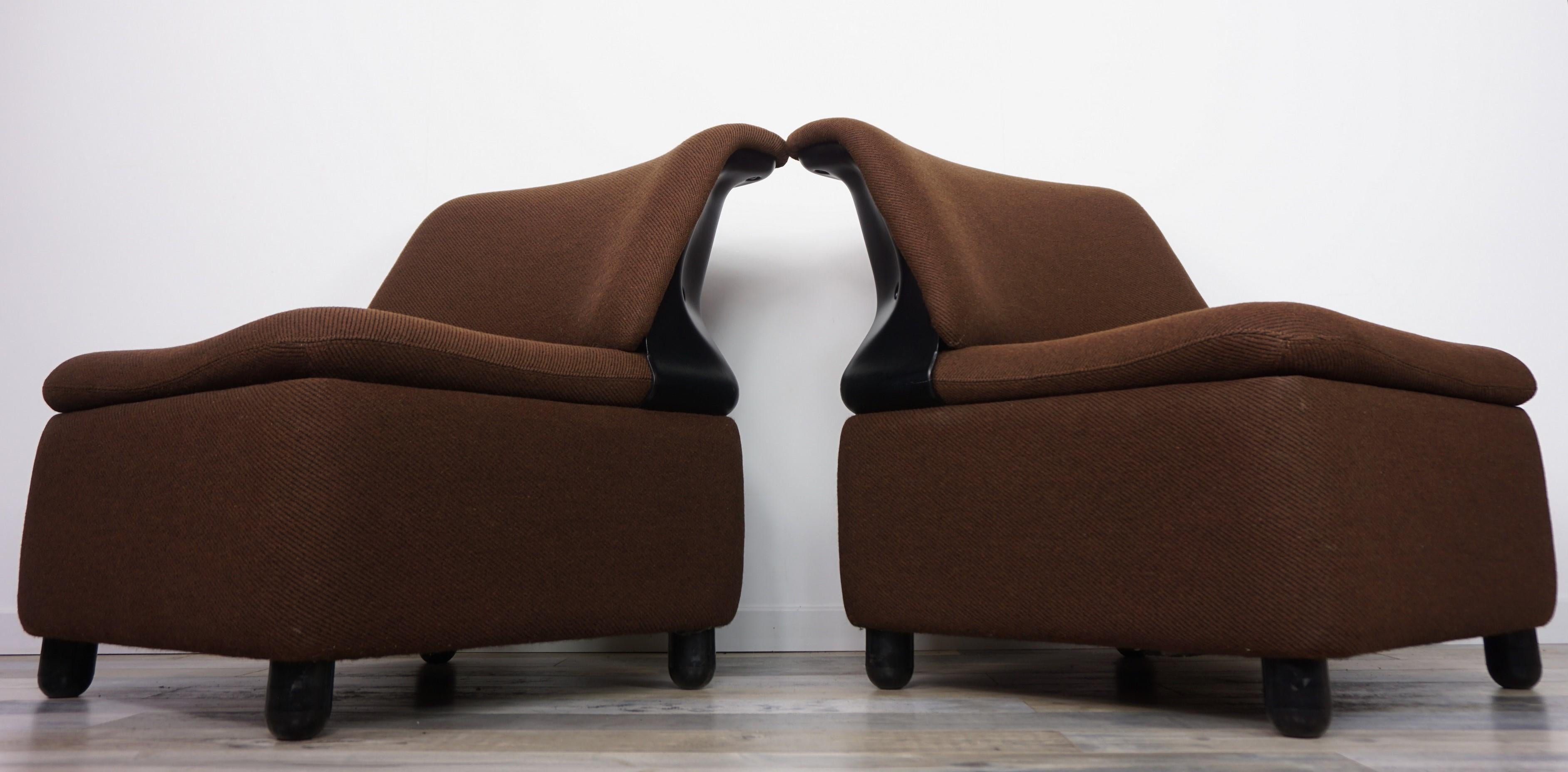 Pair of dark brown fabric lounge armchairs, outstanding shape, comfortable, and so vintage!