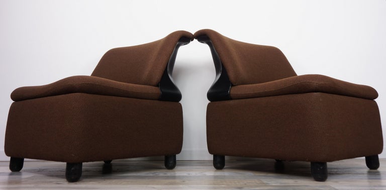 Pair of dark brown fabric lounge armchairs, outstanding shape, comfortable, and so vintage!