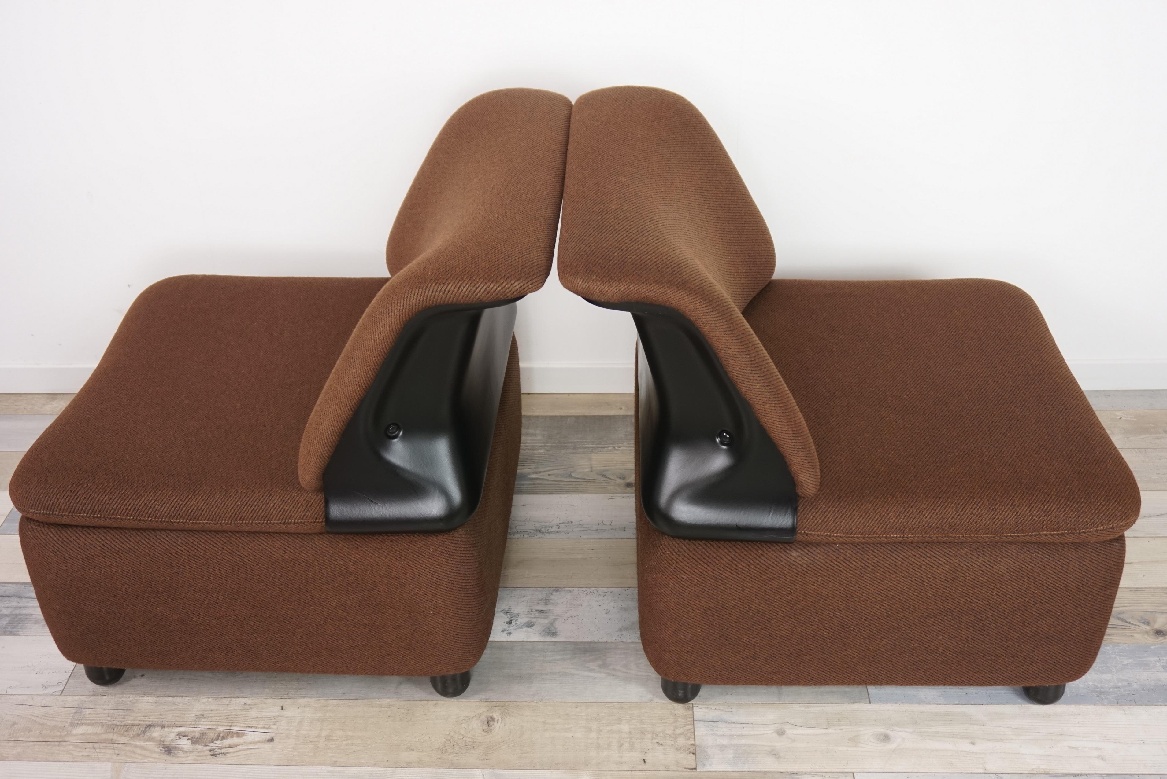 Space Age Pair of Dark Brown Fabric Lounge Armchairs For Sale
