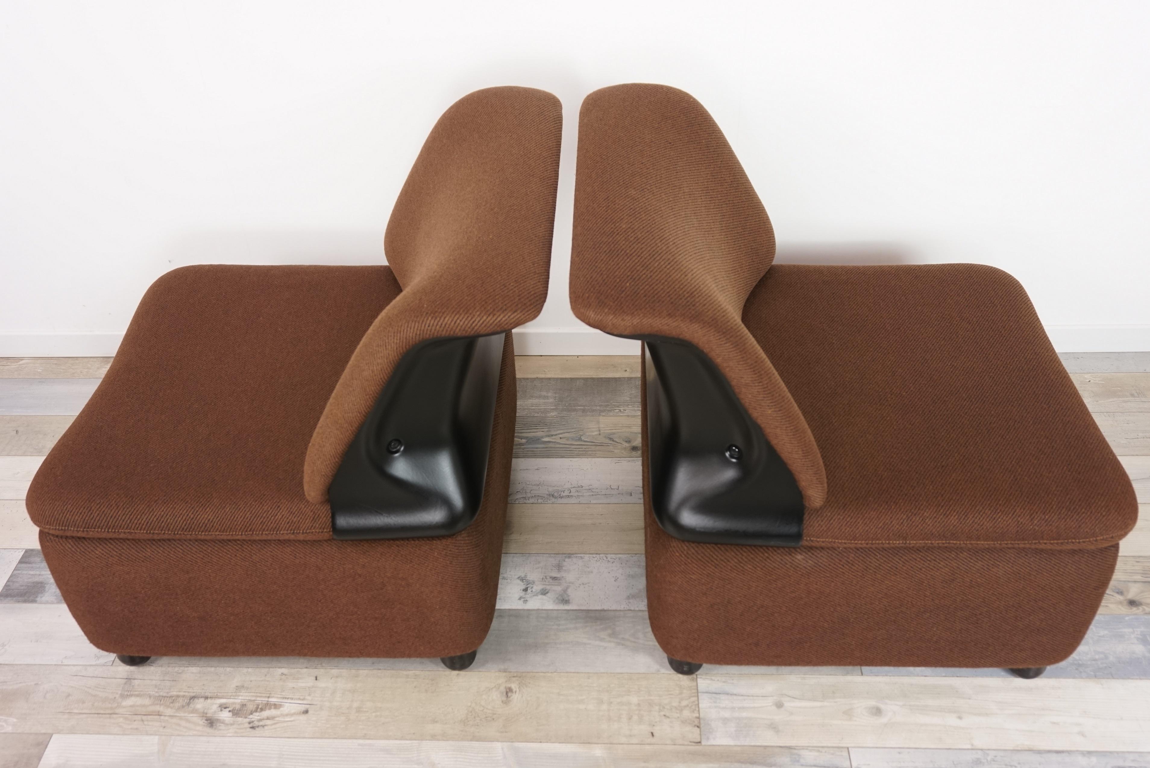 European Pair of Dark Brown Fabric Lounge Armchairs For Sale