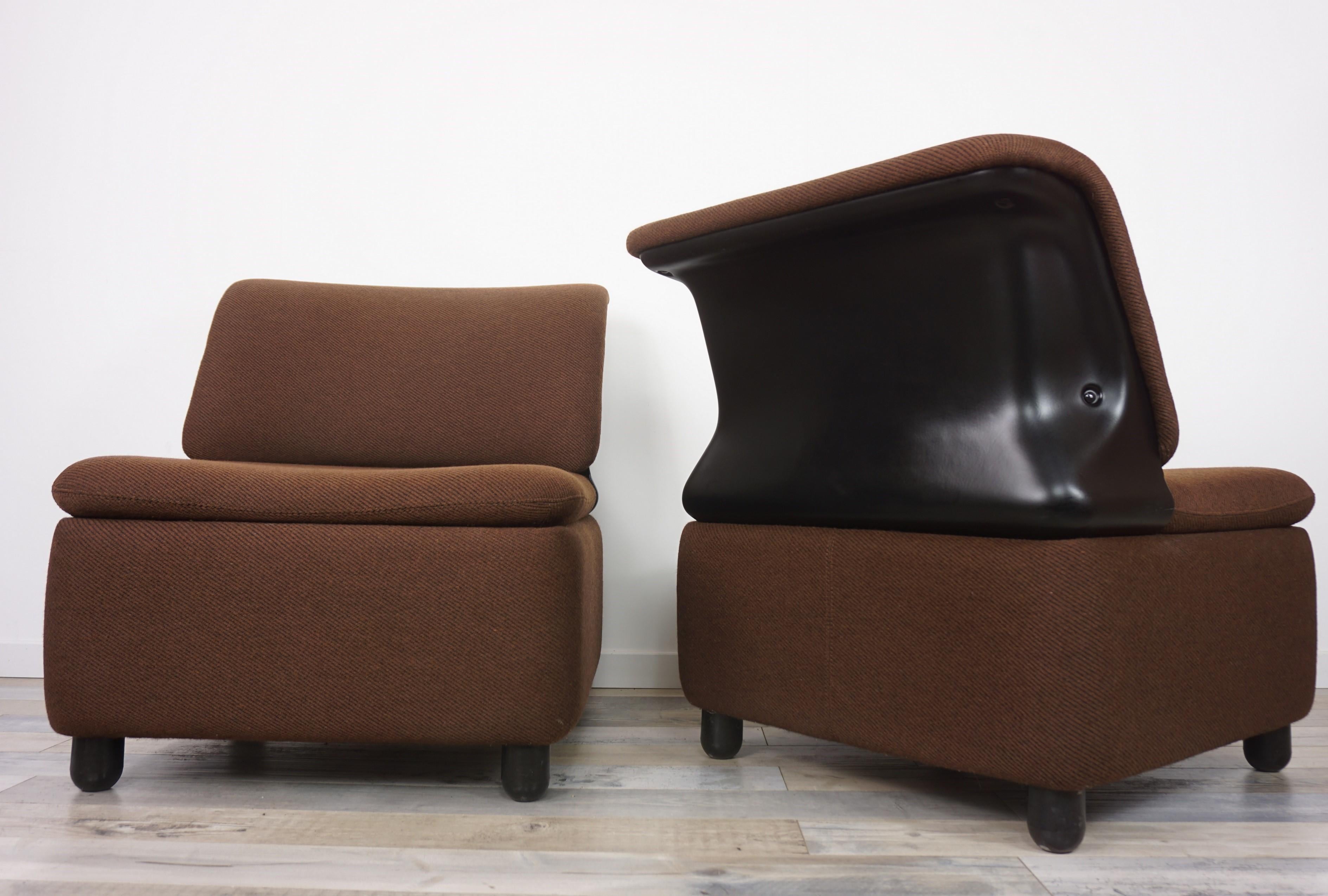 Pair of Dark Brown Fabric Lounge Armchairs For Sale 1