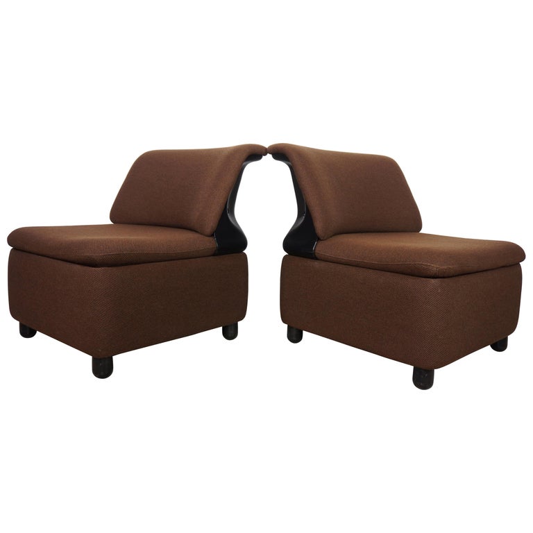 Pair of Dark Brown Fabric Lounge Armchairs For Sale