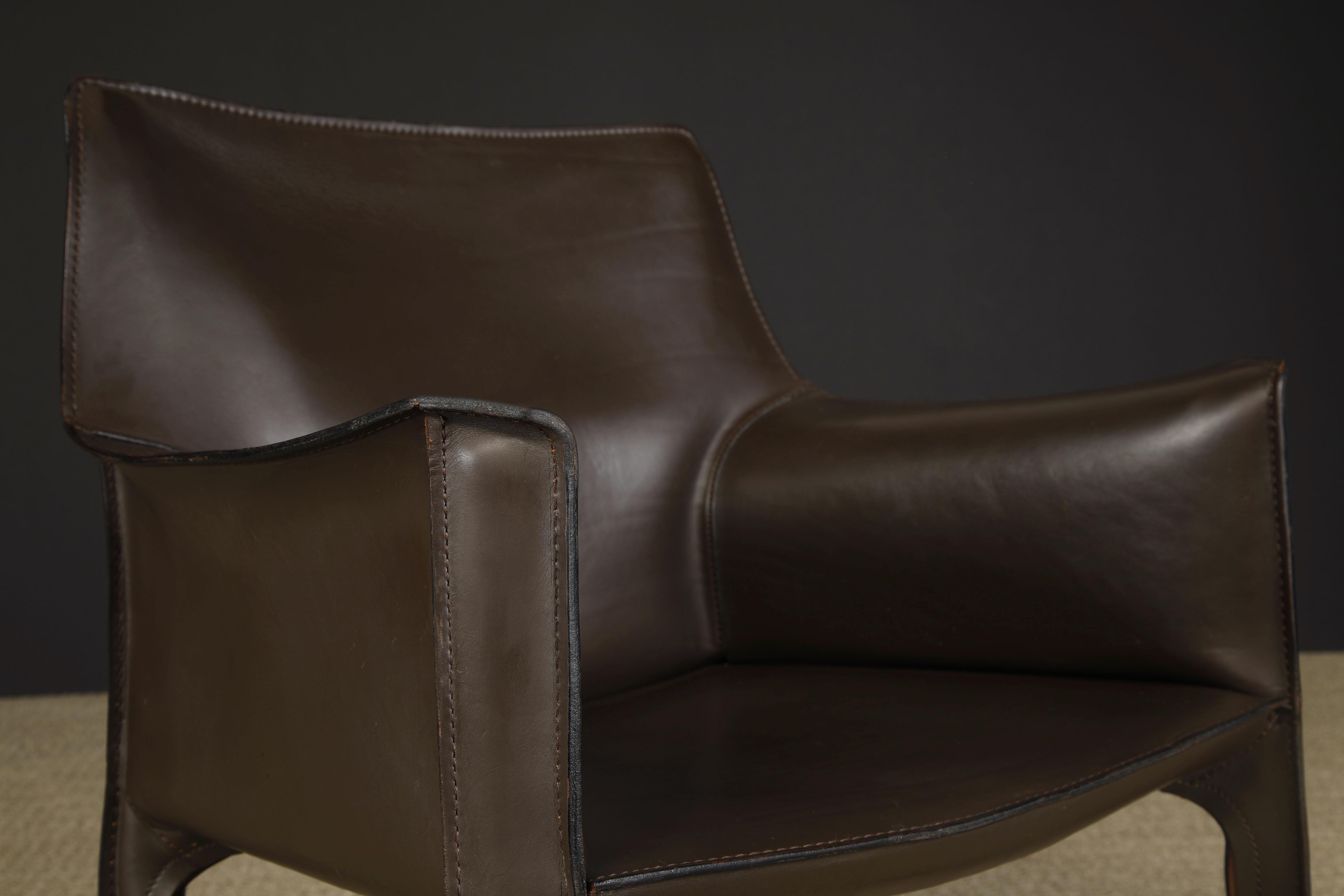 Pair of Dark Brown Leather 'Cab' Armchairs by Mario Bellini for Cassina, Signed 4