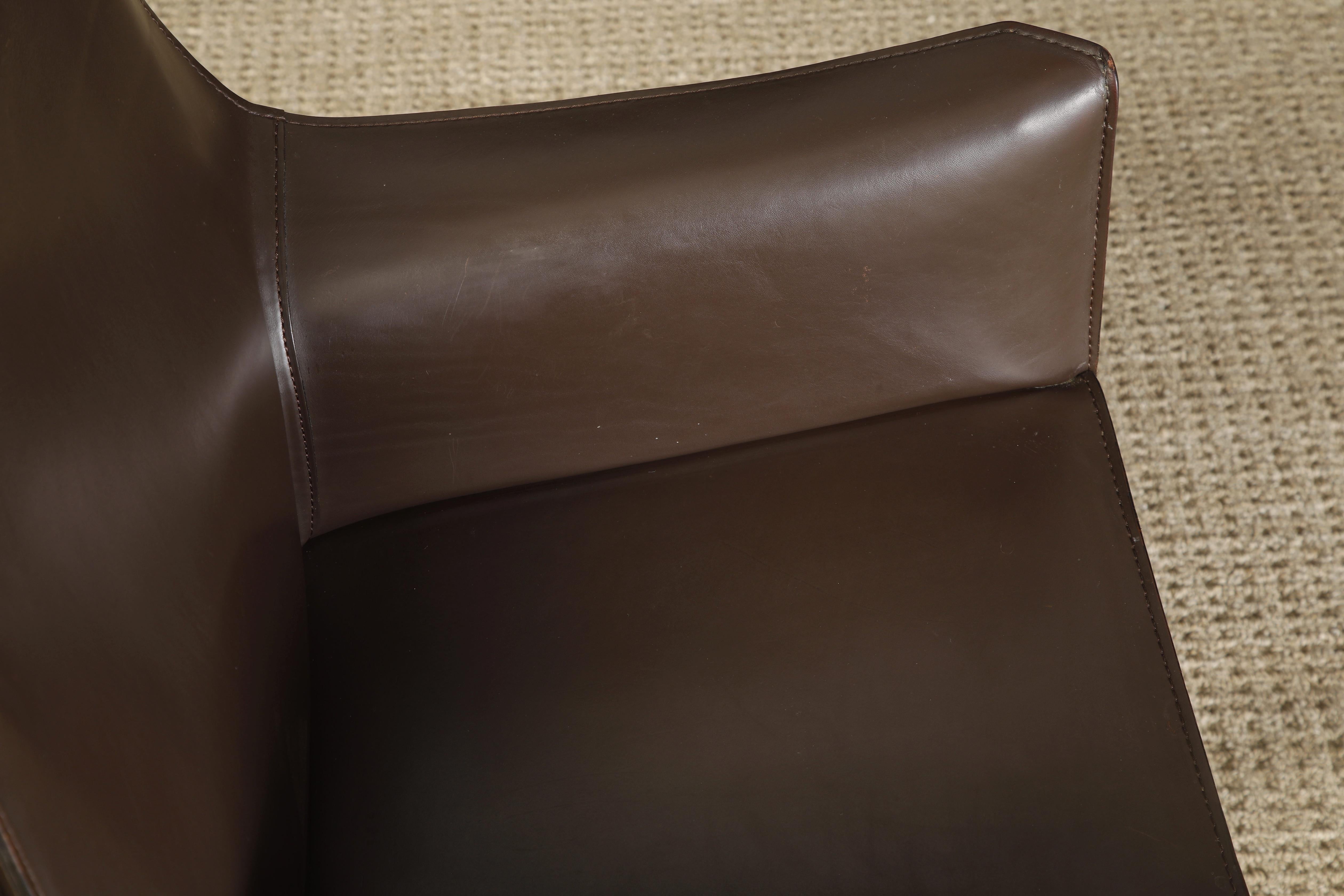 Pair of Dark Brown Leather 'Cab' Armchairs by Mario Bellini for Cassina, Signed 7