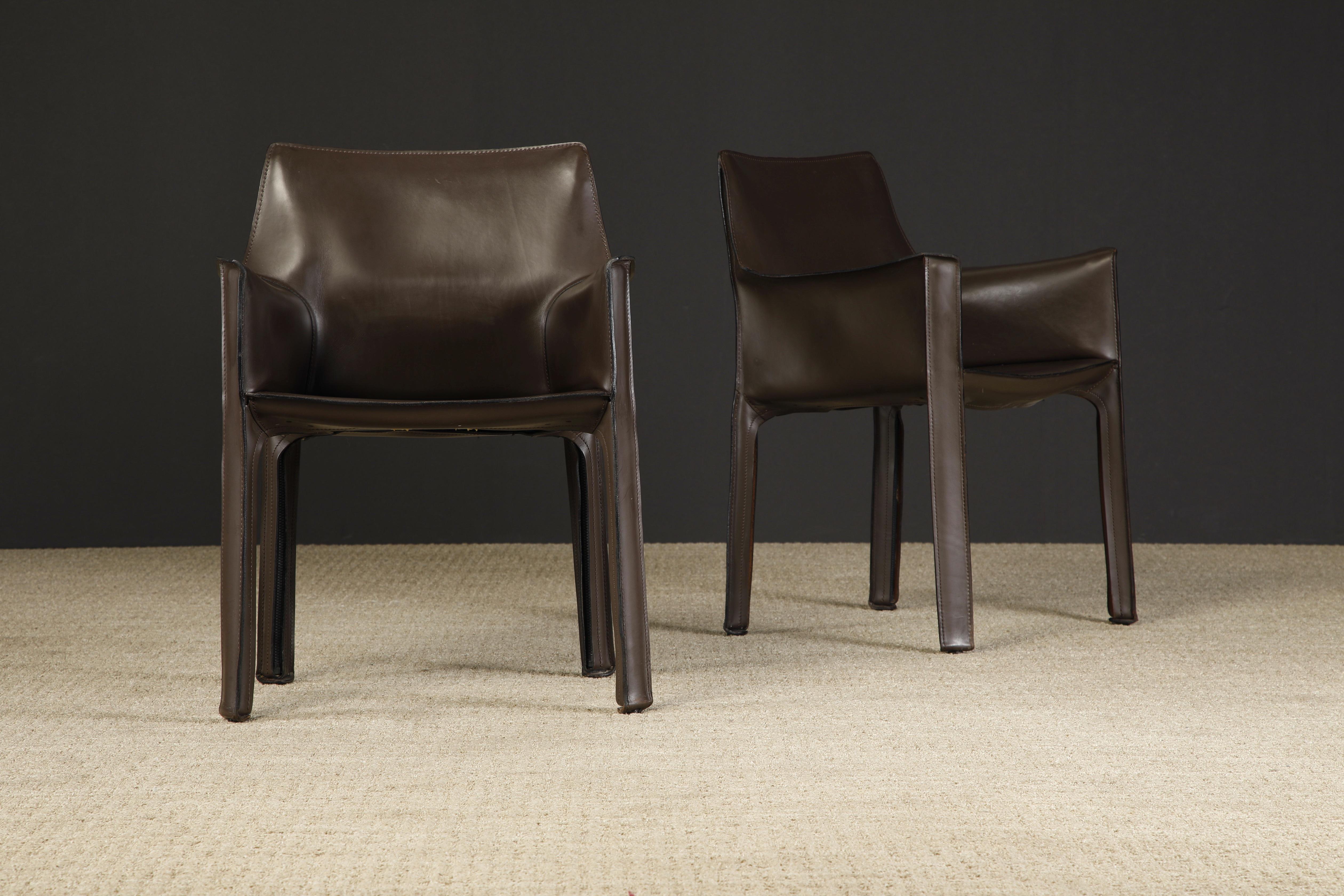 Mid-Century Modern Pair of Dark Brown Leather 'Cab' Armchairs by Mario Bellini for Cassina, Signed