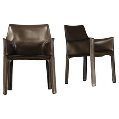Pair of Dark Brown Leather 'Cab' Armchairs by Mario Bellini for Cassina, Signed