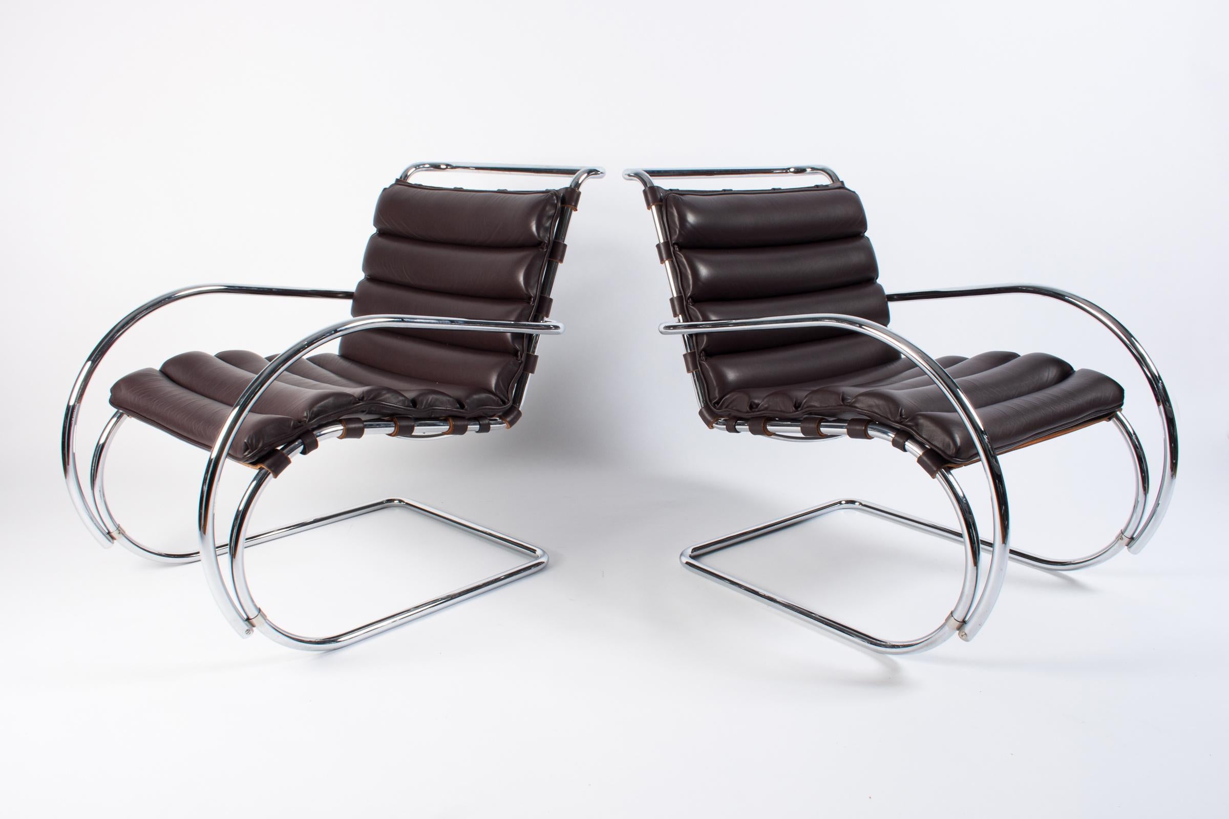 Pair of MR lounge chairs designed in 1927 by Mies van der Rohe, made by Knoll International in 2002.
Beautiful very dark chocolate leather, signed with impressed Knoll mark in the frame.
Priced individually, six chairs available.