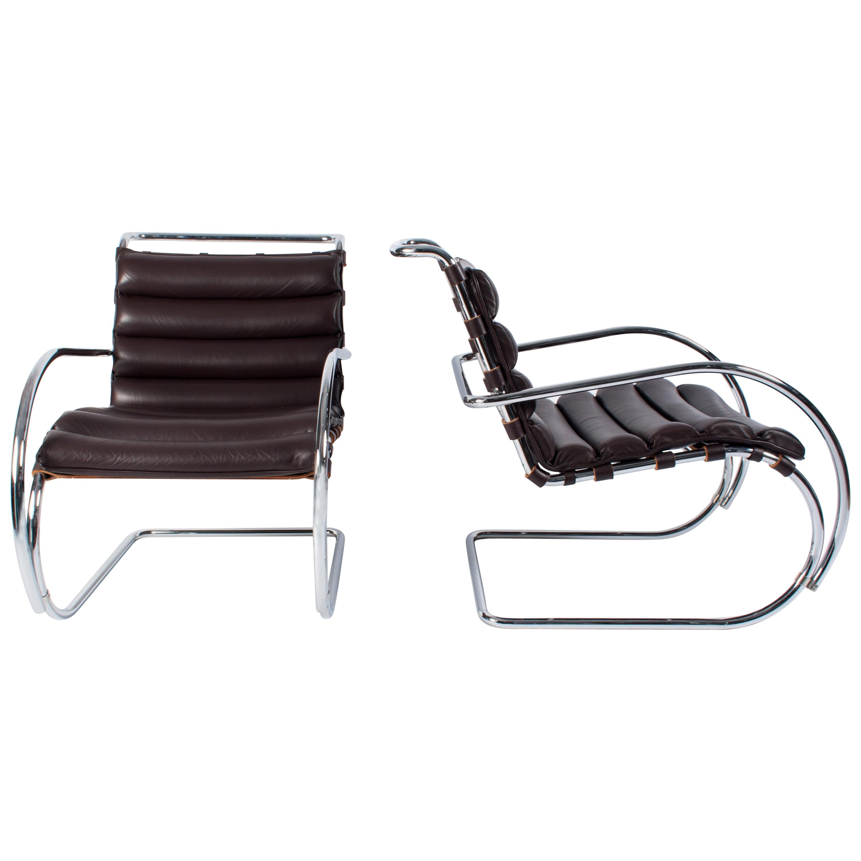Pair of Dark Brown Leather MR Lounge Armchairs by Mies Van Der Rohe for Knoll