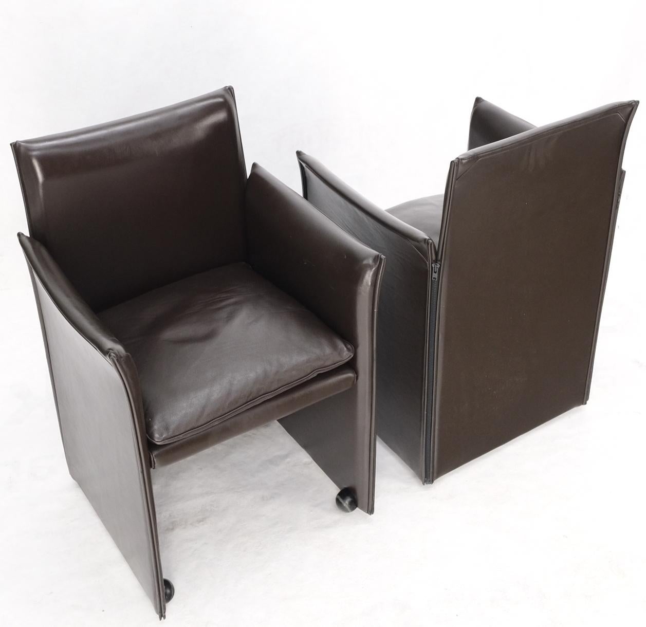 Pair of Dark Brown Plum Leather Break Side Chairs Mario Bellini for Cassina Mint For Sale 9