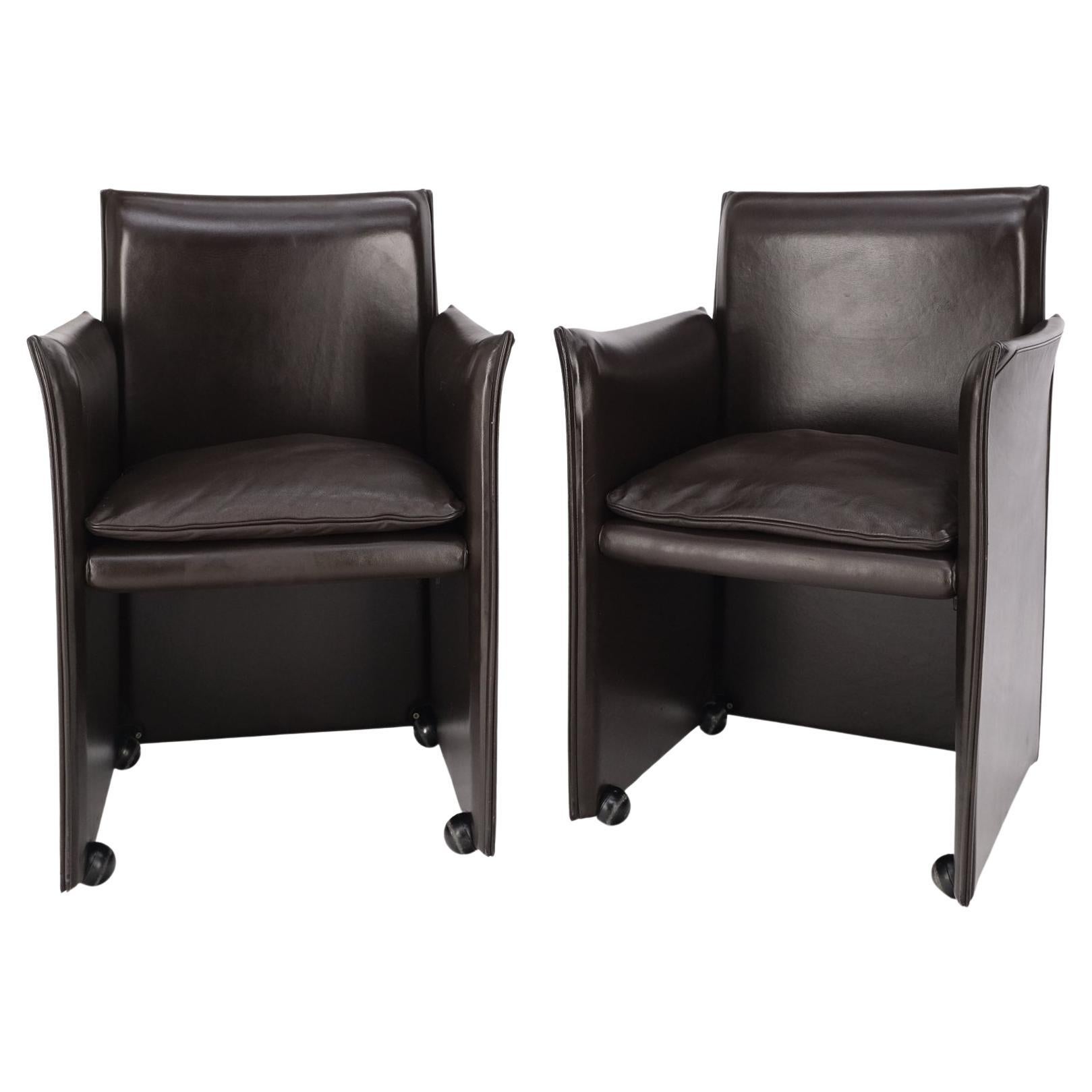 Pair of Dark Brown Plum Leather Break Side Chairs Mario Bellini for Cassina Mint For Sale
