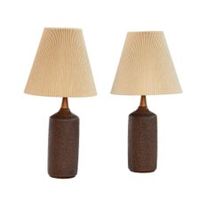 Pair of Dark Brown Volcanic Glaze Tables Lamps with Original Pleated Shades