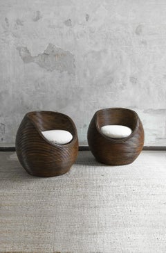 Pair Of Dark Finish Bamboo Egg Chairs, 1970s