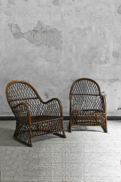Pair Of Dark-Finish Curved And Woven Bamboo Armchairs, Attributed To Gervasoni