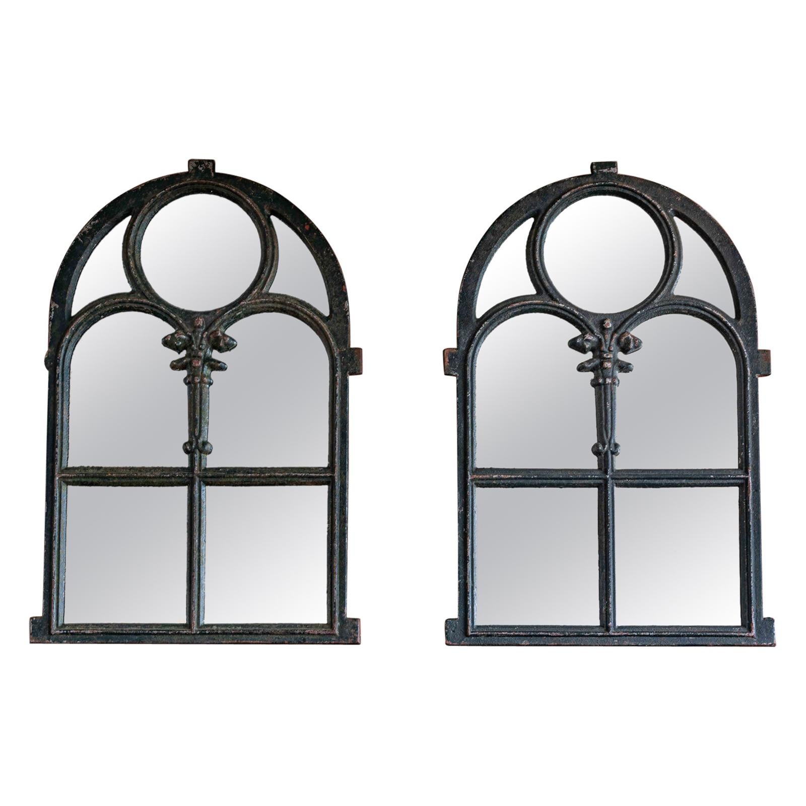 Pair of Dark Green Arched Cast Iron Reclaimed Window Mirrors, Late 19th Century