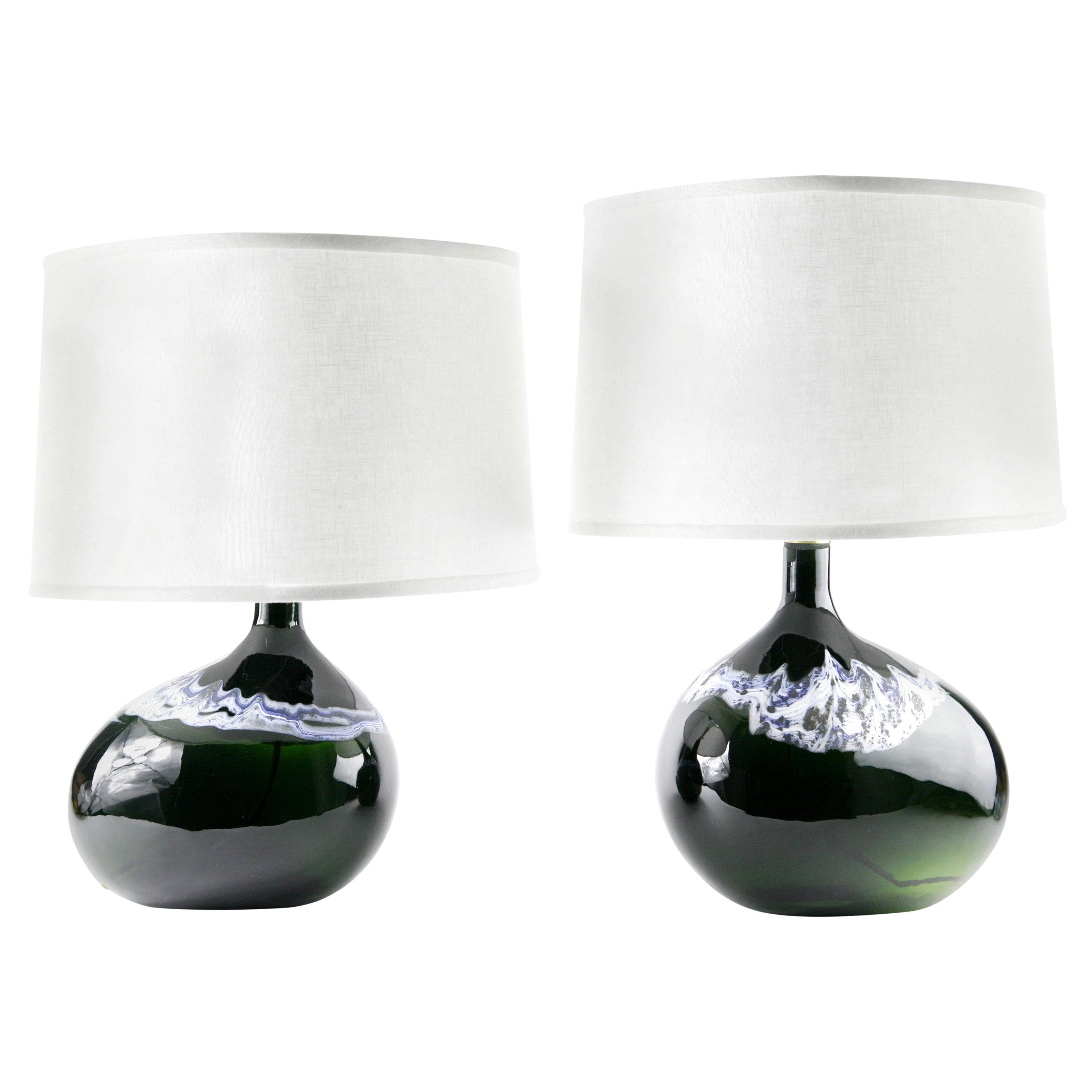 Coppia di lampade Holmegaard verde scuro soffiate a mano da Per Lutken, Danimarca, 1975