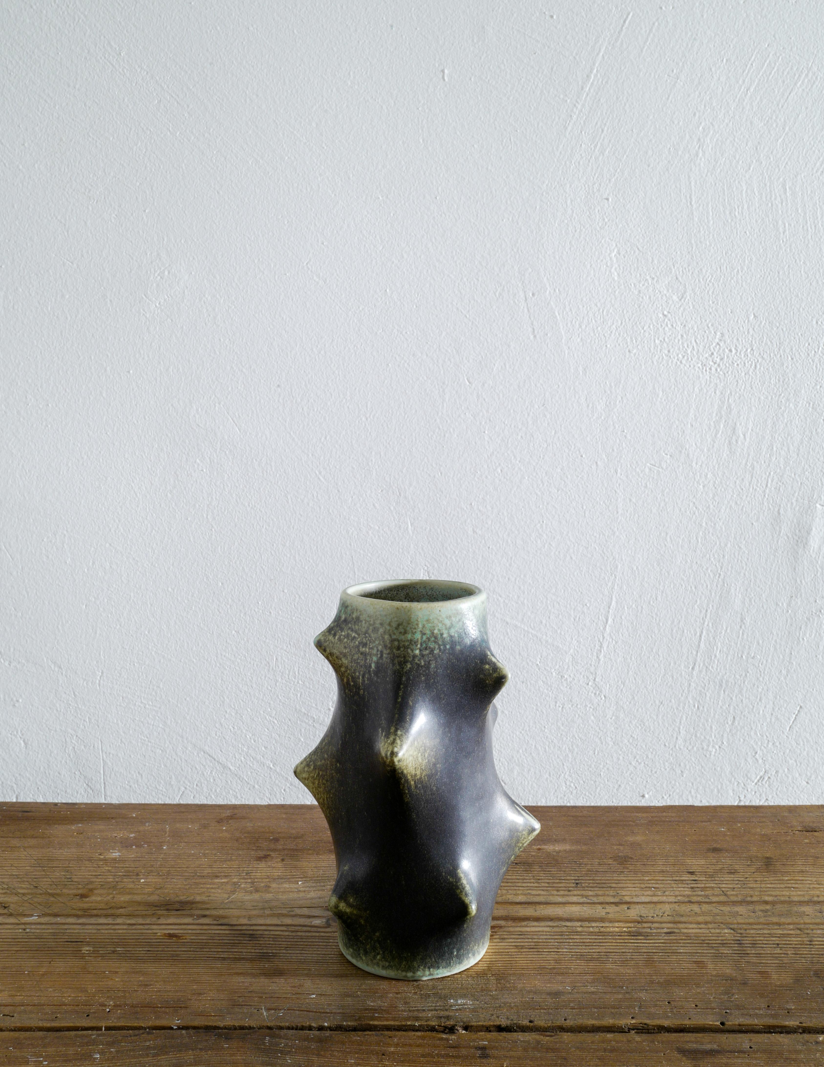 Ceramic Pair of Dark Green Knud Basse Thorn Vases Produced by Michael Andersen, Denmark For Sale