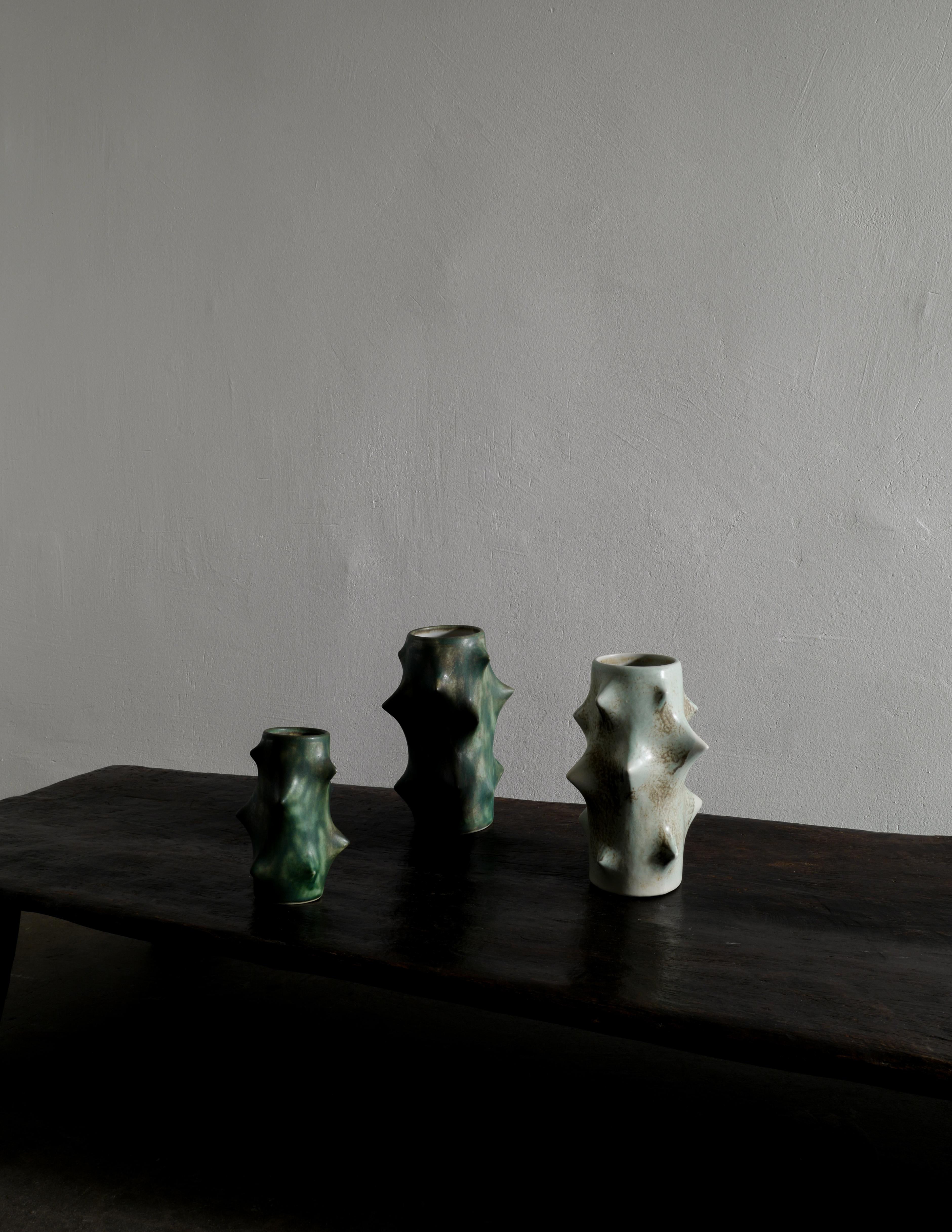 Scandinavian Modern Pair of Dark Green Knud Basse Thorn Vases Produced by Michael Andersen, Denmark For Sale