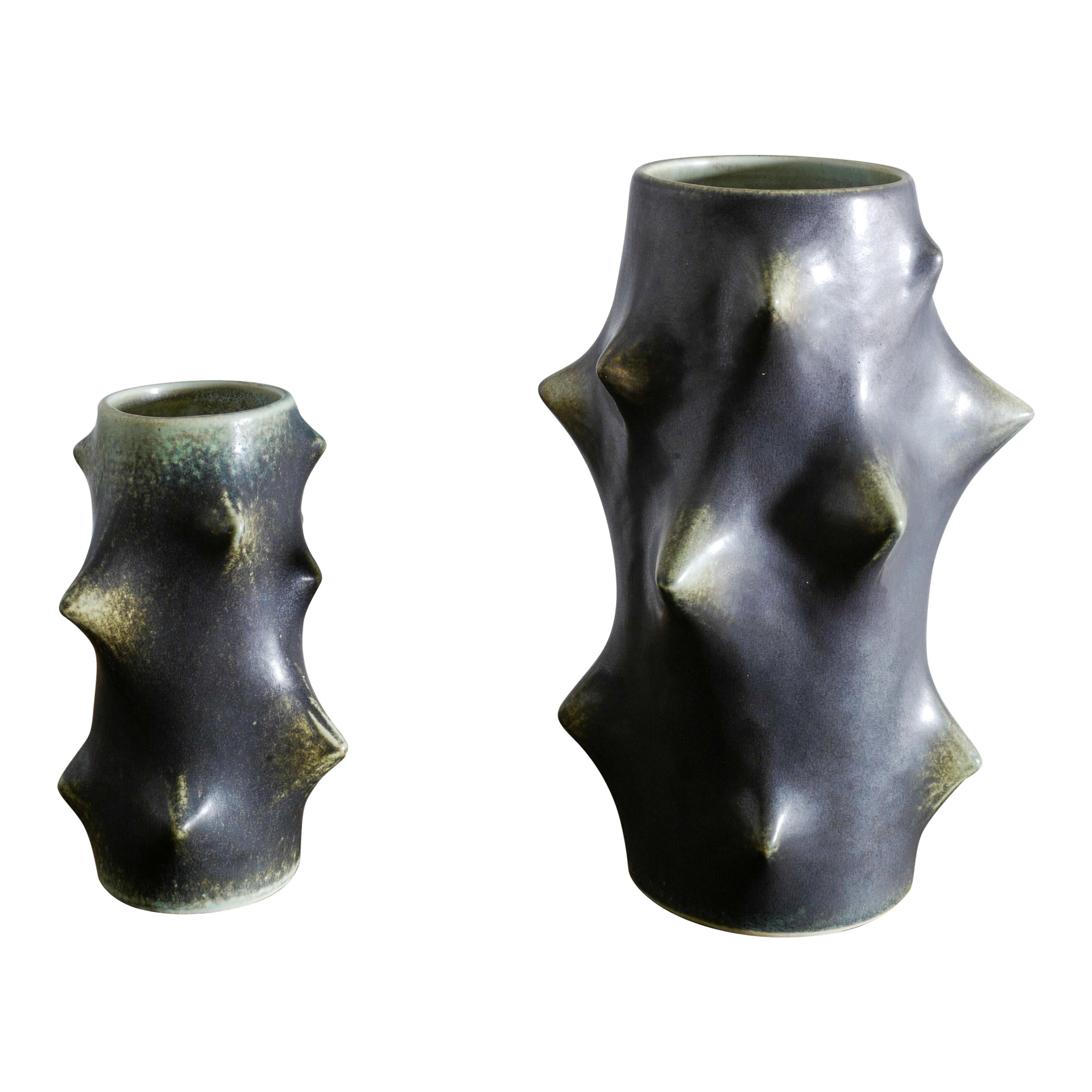 Pair of Dark Green Knud Basse Thorn Vases Produced by Michael Andersen, Denmark