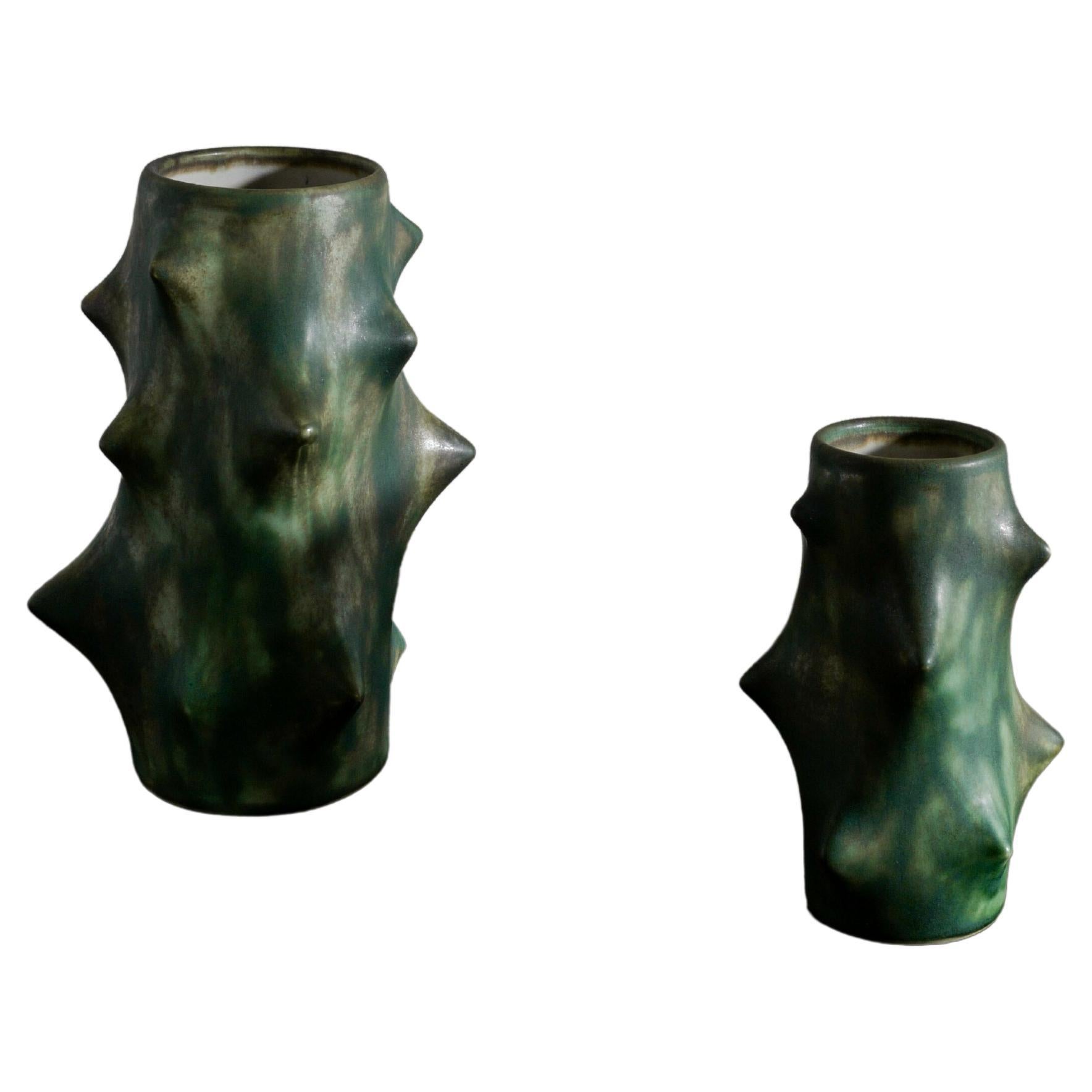 Pair of Dark Green Knud Basse Thorn Vases Produced by Michael Andersen, Denmark