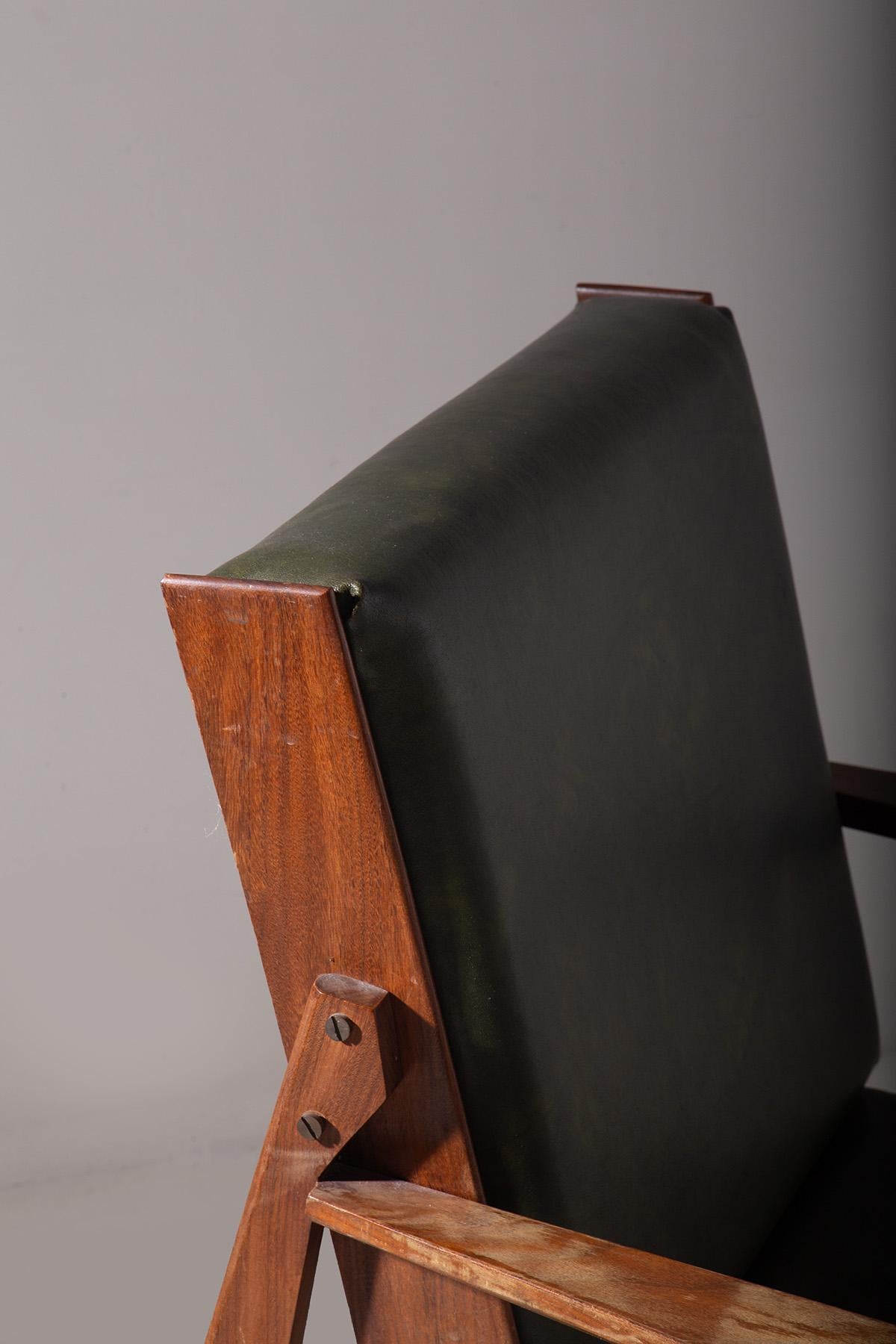 Leather Italian vintage Pair of dark green leather armchairs For Sale