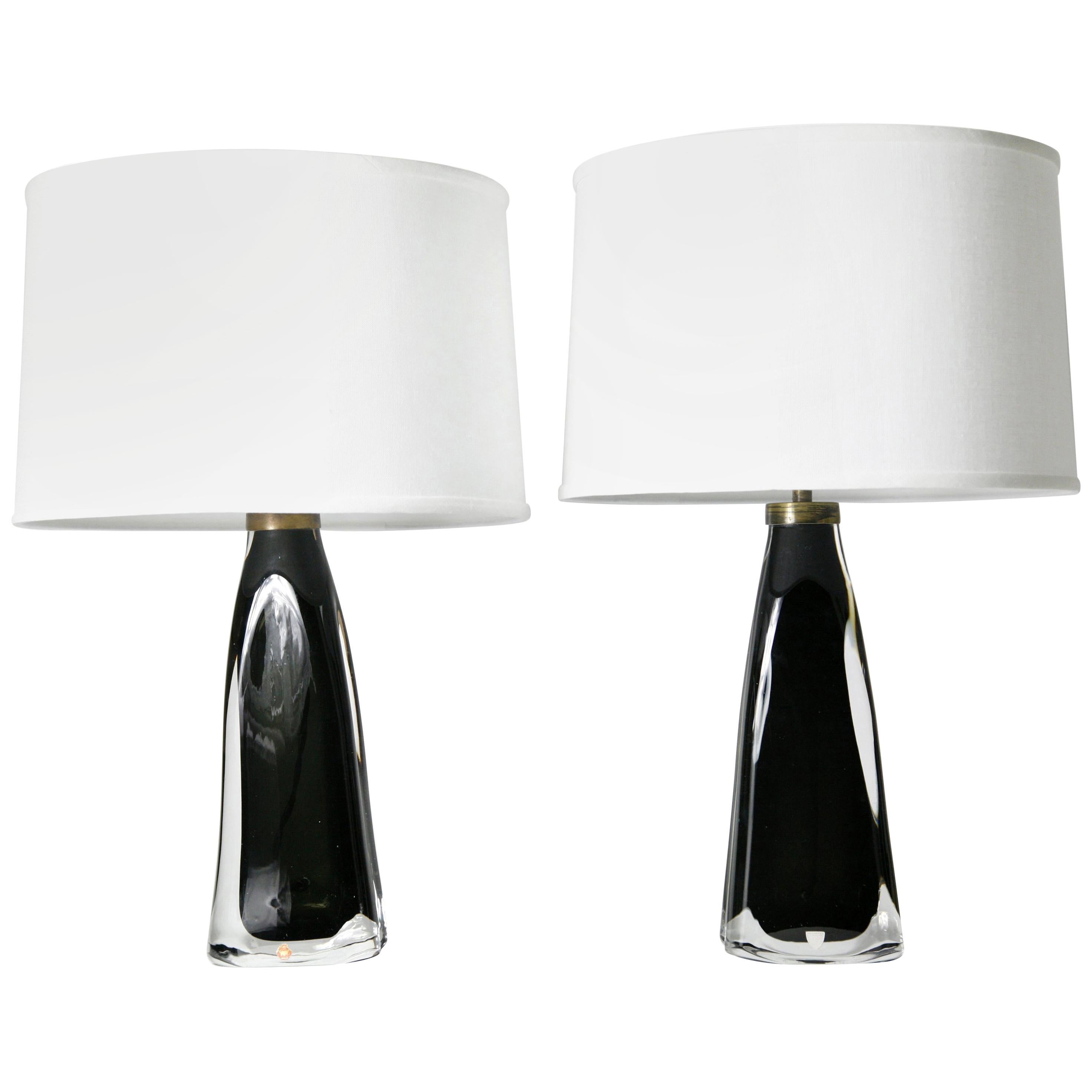 Pair of Dark Green Orrefors Lamps, Sweden, 1960