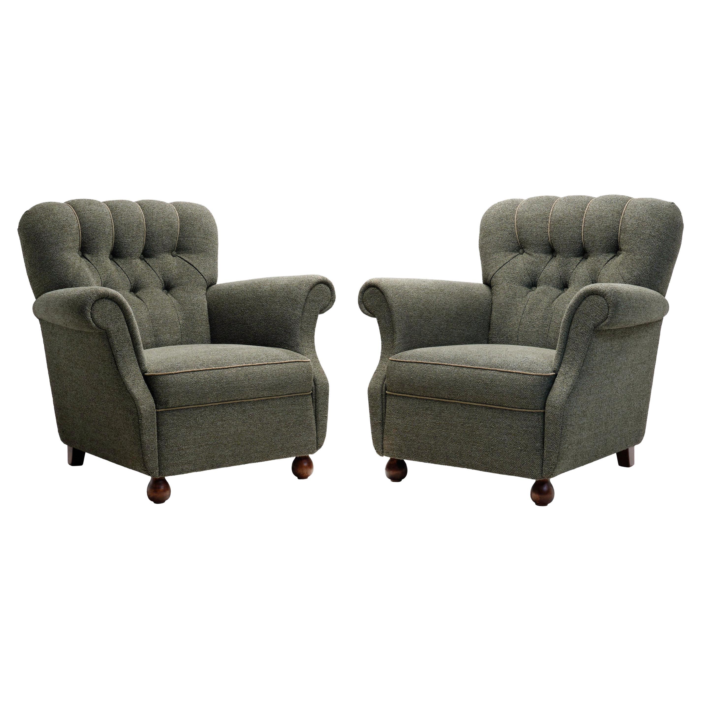Pair of Dark Green Upholstered Armchairs, Scandinavia 1950s
