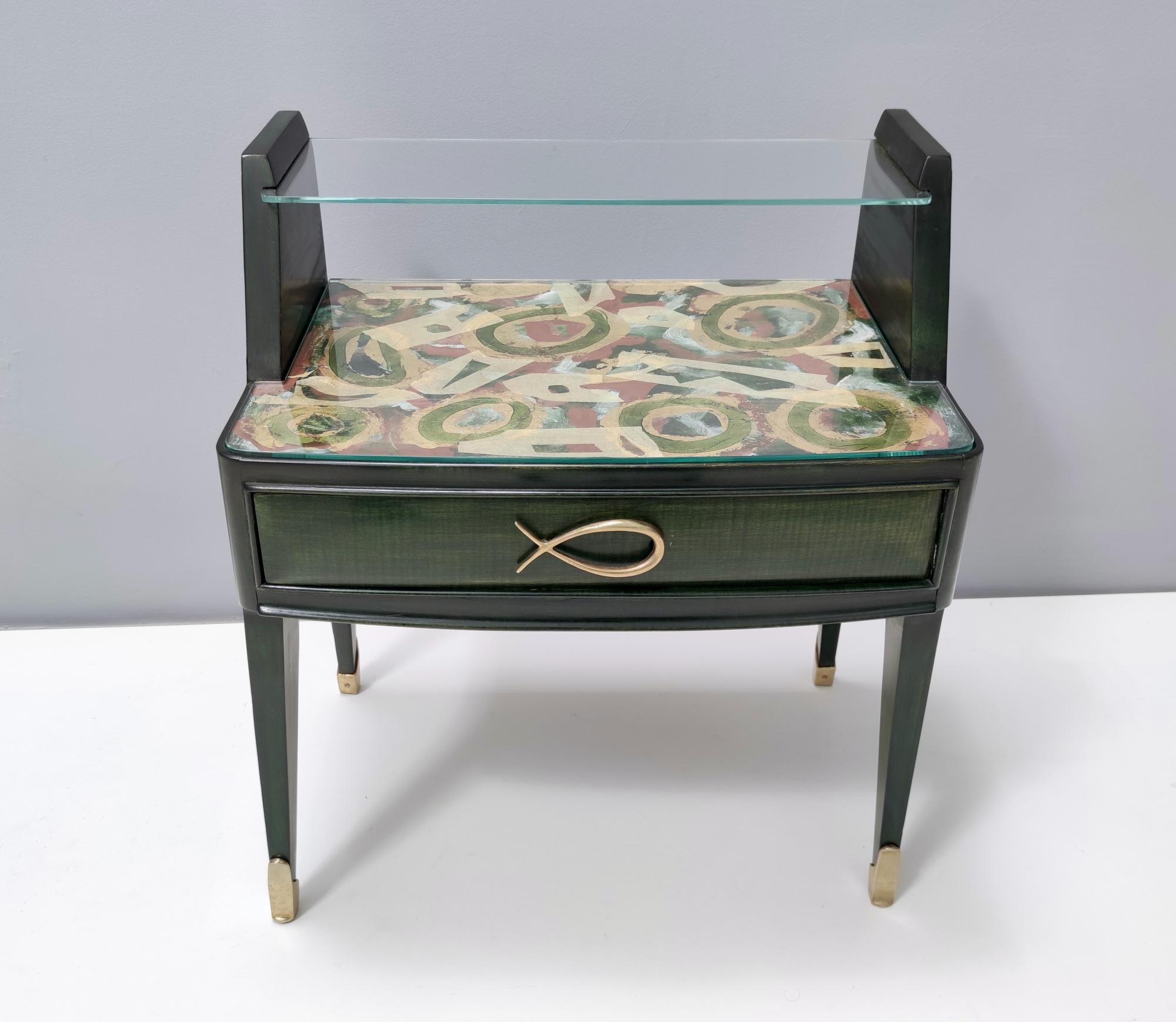 Italian Pair of Dark Green Wooden Nightstands in 1950s Style with a Decorated Top, Italy For Sale