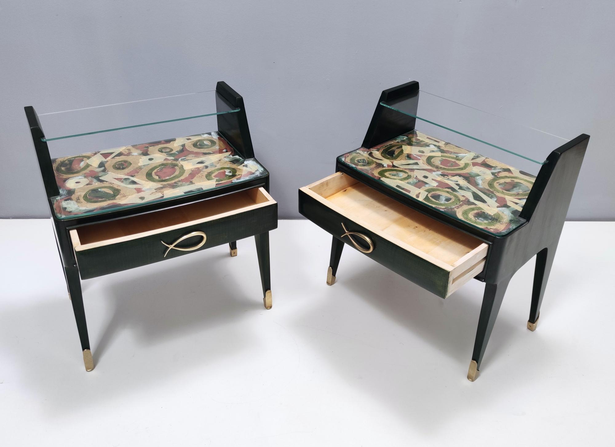Mid-20th Century Pair of Dark Green Wooden Nightstands in 1950s Style with a Decorated Top, Italy For Sale