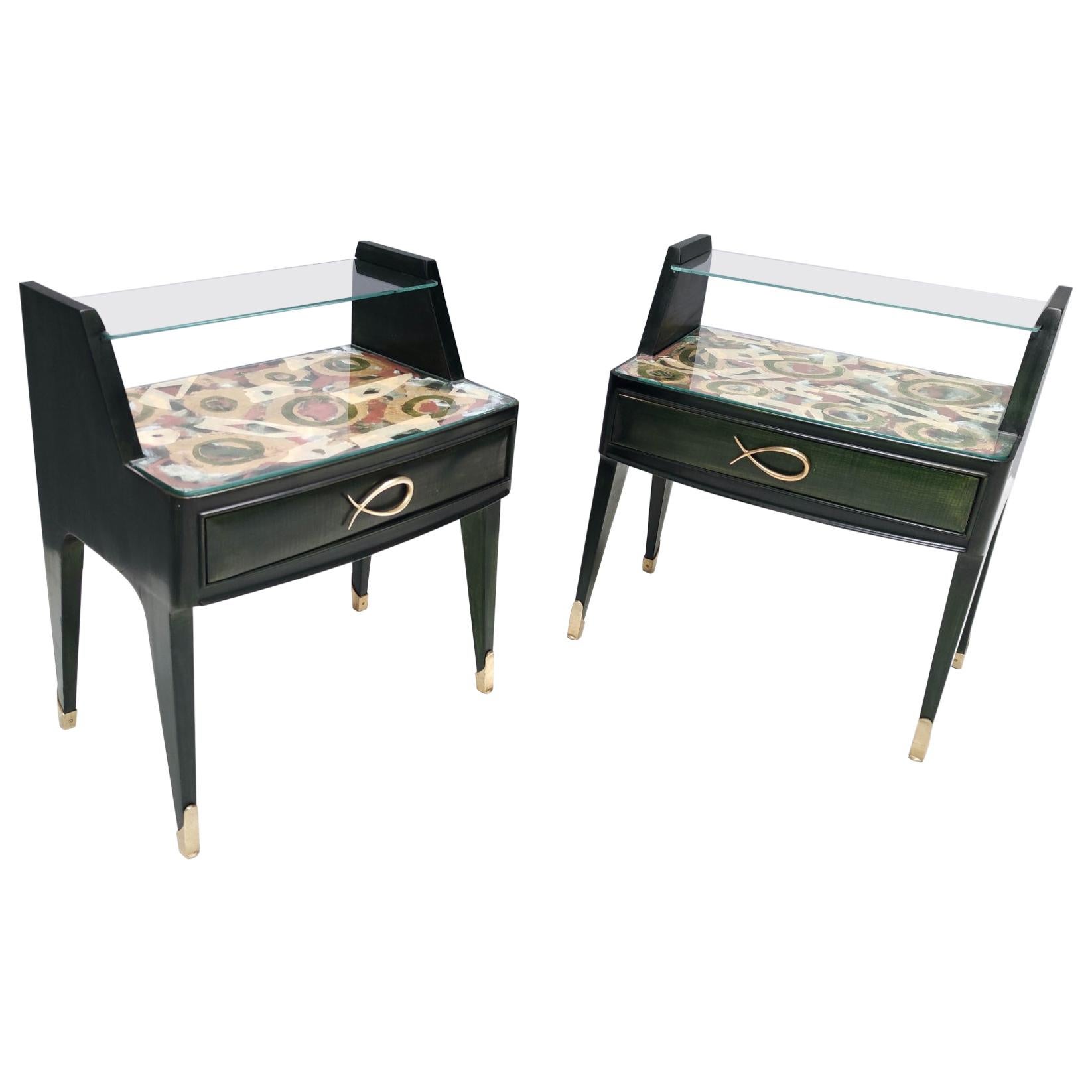 Pair of Dark Green Wooden Nightstands in 1950s Style with a Decorated Top, Italy For Sale
