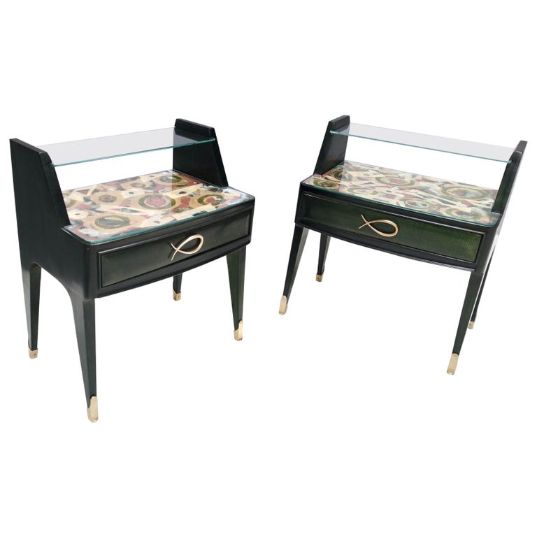 Pair of Dark Green Wooden Nightstands in the 1950s Style with a