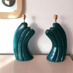 Pair of Dark, Intense Blue / Green Ceramic Lamps, USA 1980s Art Deco Revival