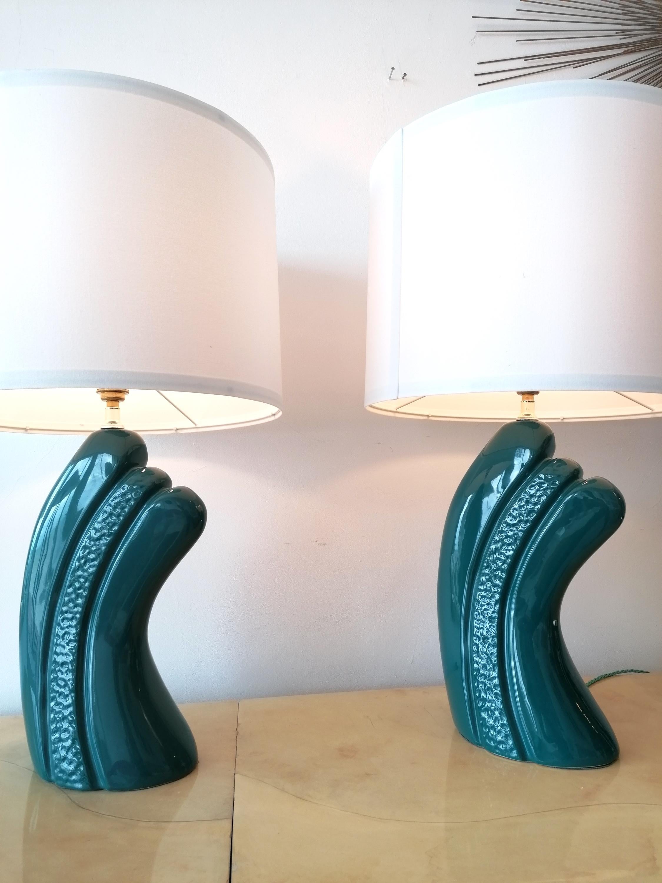 American Pair of Dark, Intense Blue / Green Ceramic Lamps, USA 1980s Art Deco Revival For Sale