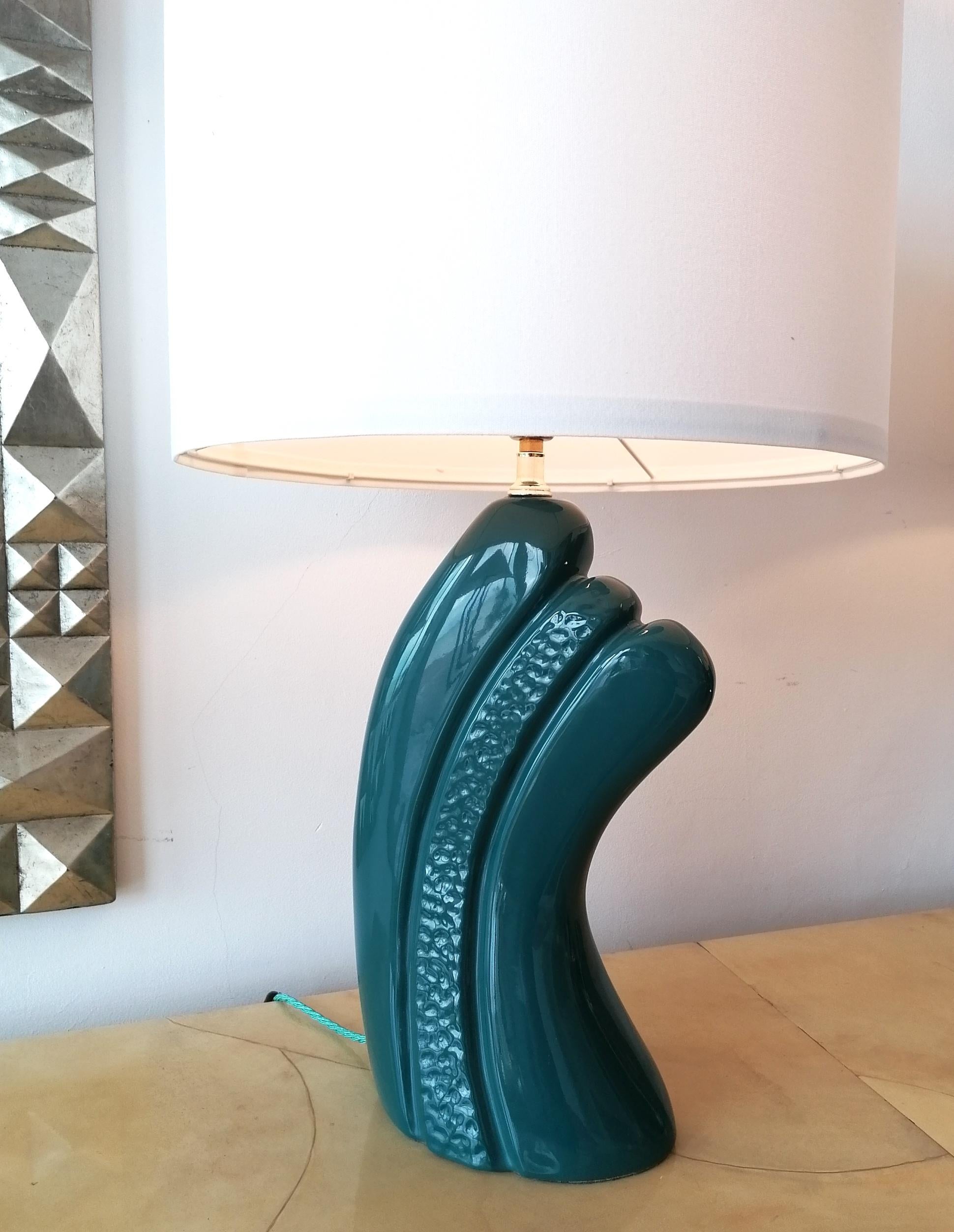 Late 20th Century Pair of Dark, Intense Blue / Green Ceramic Lamps, USA 1980s Art Deco Revival For Sale