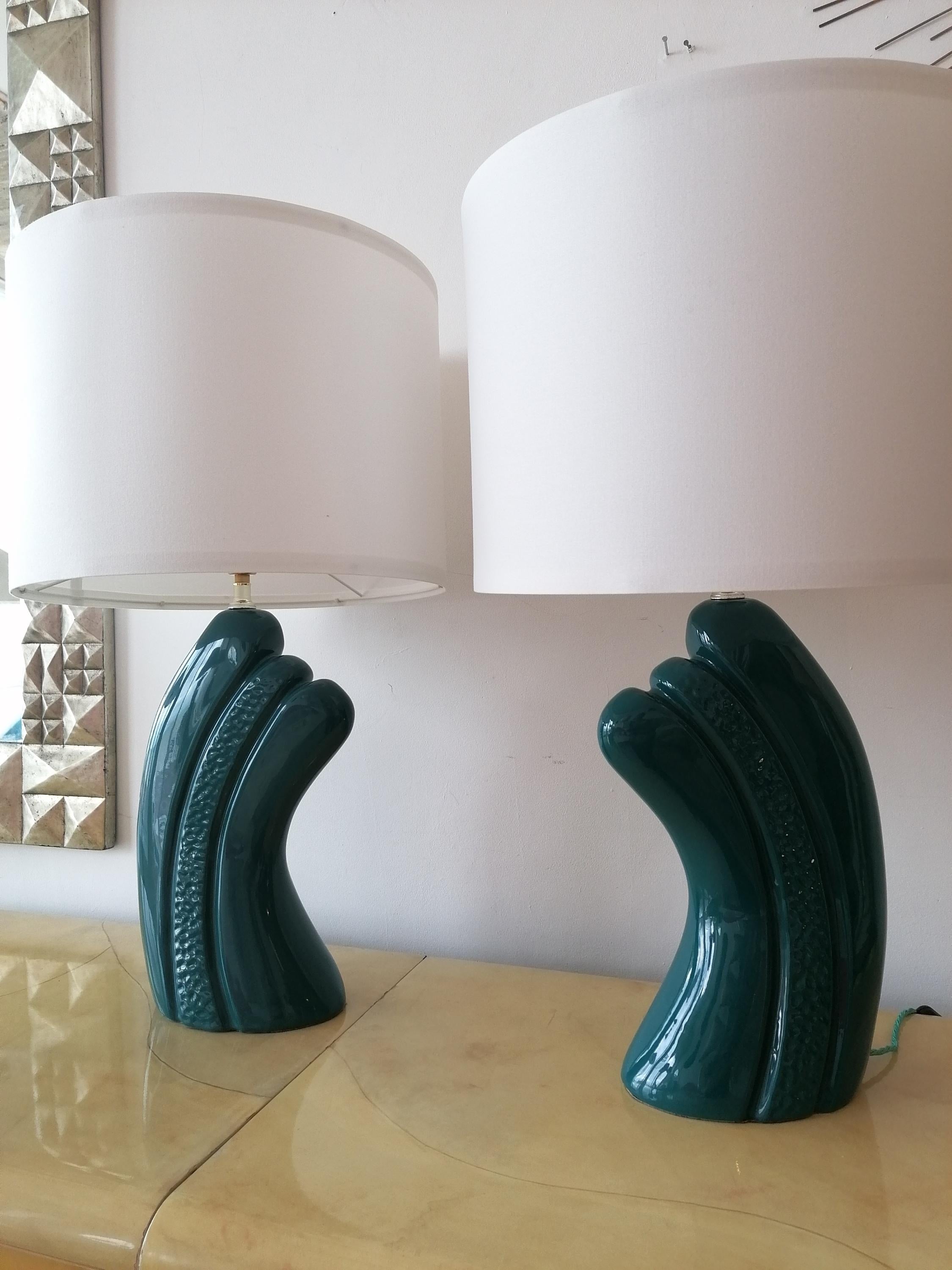 Pair of Dark, Intense Blue / Green Ceramic Lamps, USA 1980s Art Deco Revival For Sale 1