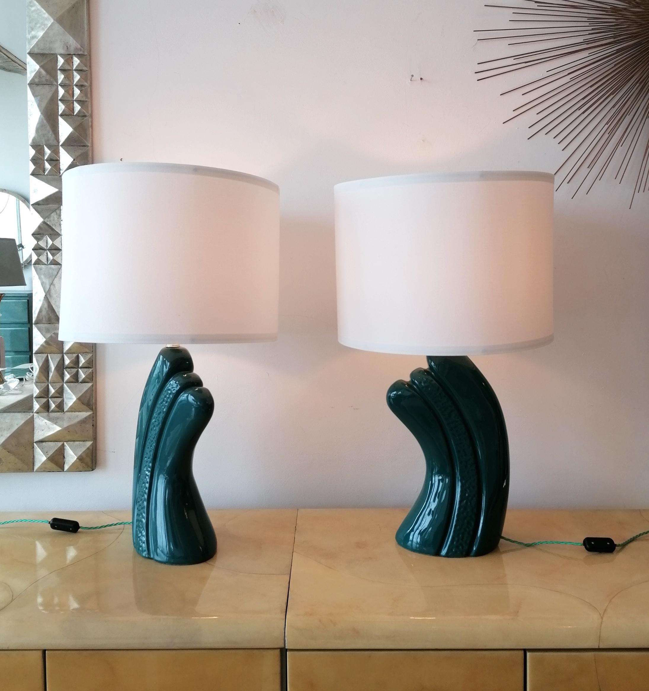 Pair of Dark, Intense Blue / Green Ceramic Lamps, USA 1980s Art Deco Revival For Sale 3