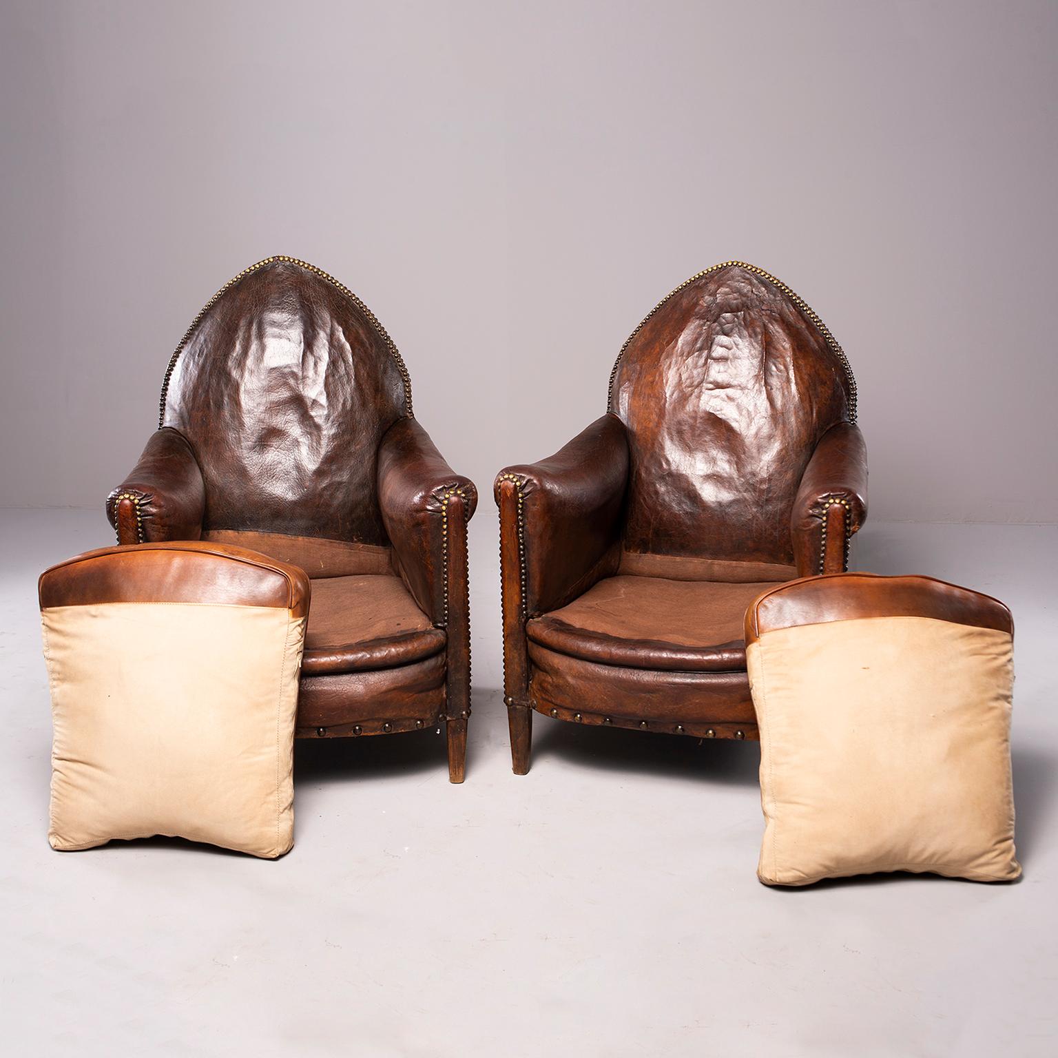 Pair of Dark Leather French Art Deco Club Chairs in Original Condition 9