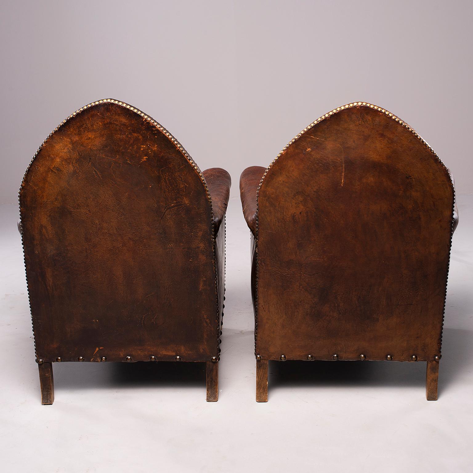 20th Century Pair of Dark Leather French Art Deco Club Chairs in Original Condition