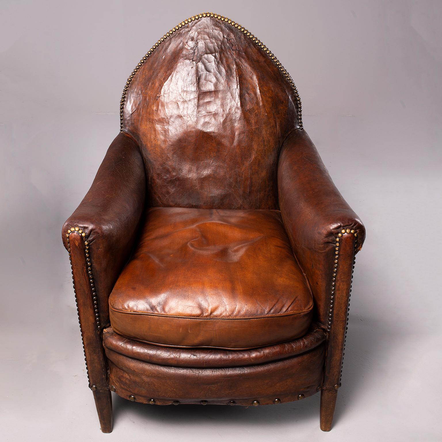 Brass Pair of Dark Leather French Art Deco Club Chairs in Original Condition