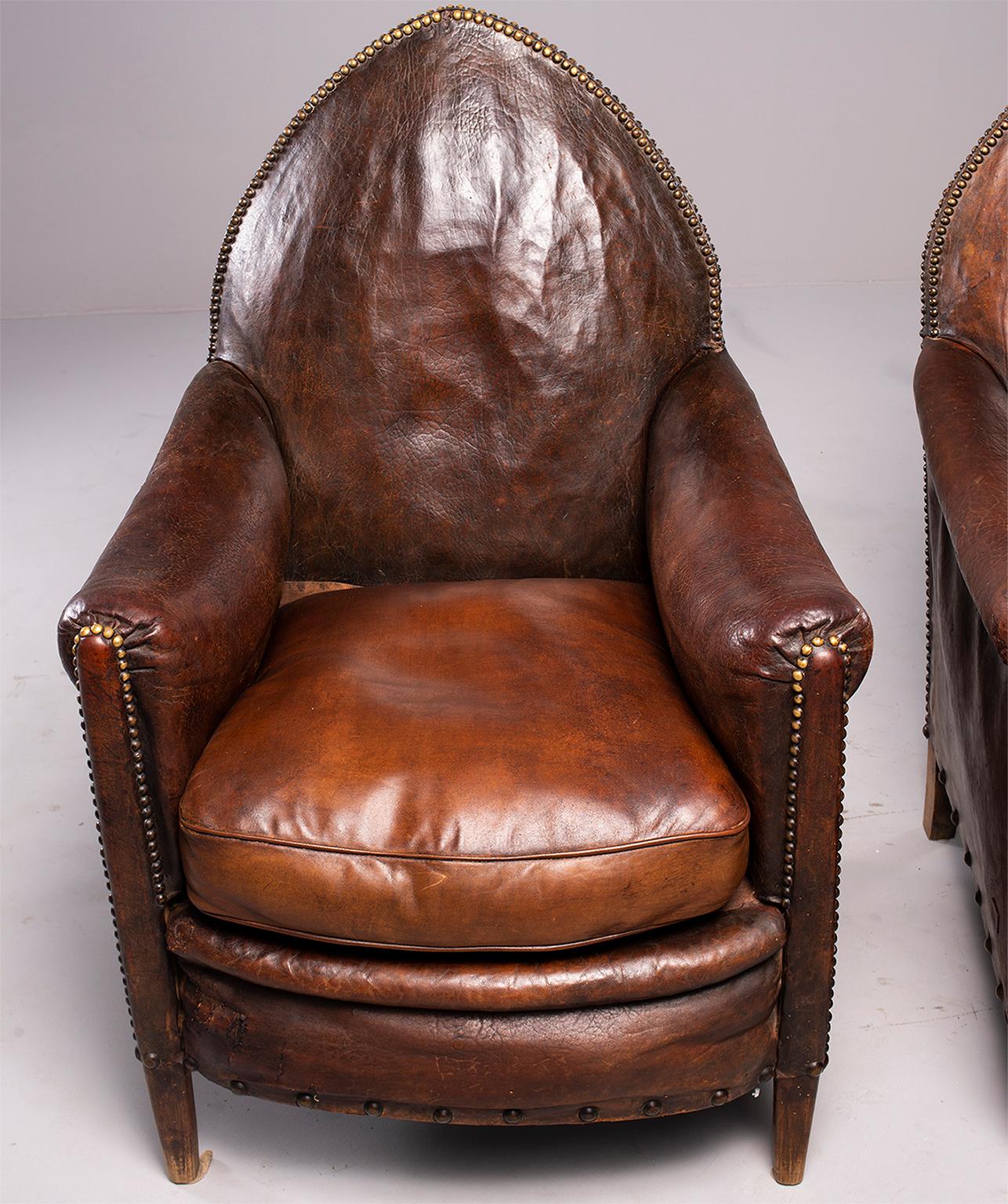 Pair of Dark Leather French Art Deco Club Chairs in Original Condition 1