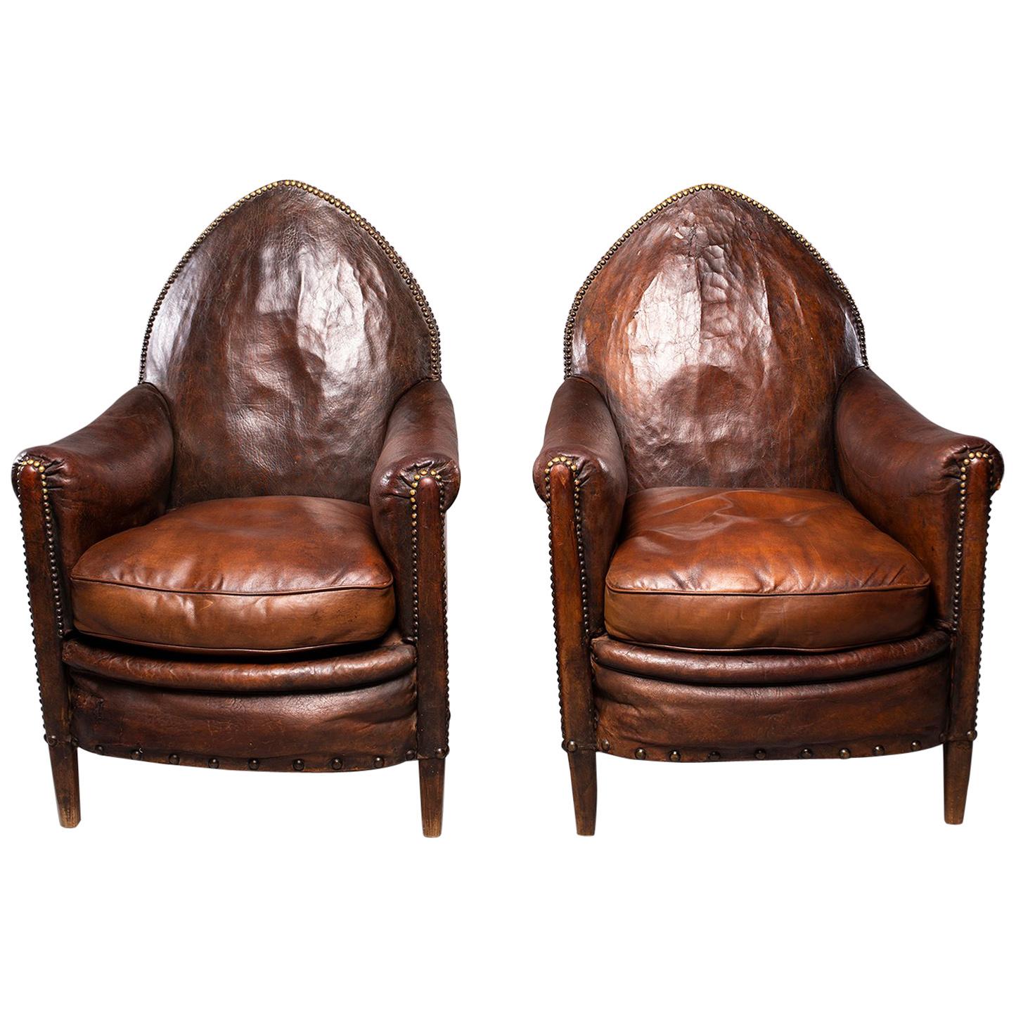 Pair of Dark Leather French Art Deco Club Chairs in Original Condition