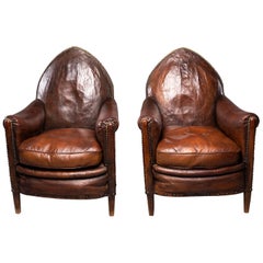 Pair of Dark Leather French Art Deco Club Chairs in Original Condition