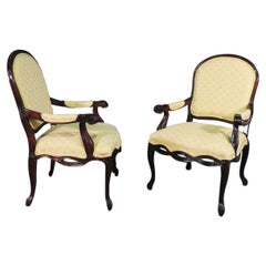 Vintage Pair of Dark Mahogany French Louis XV Fauteuills Armchairs