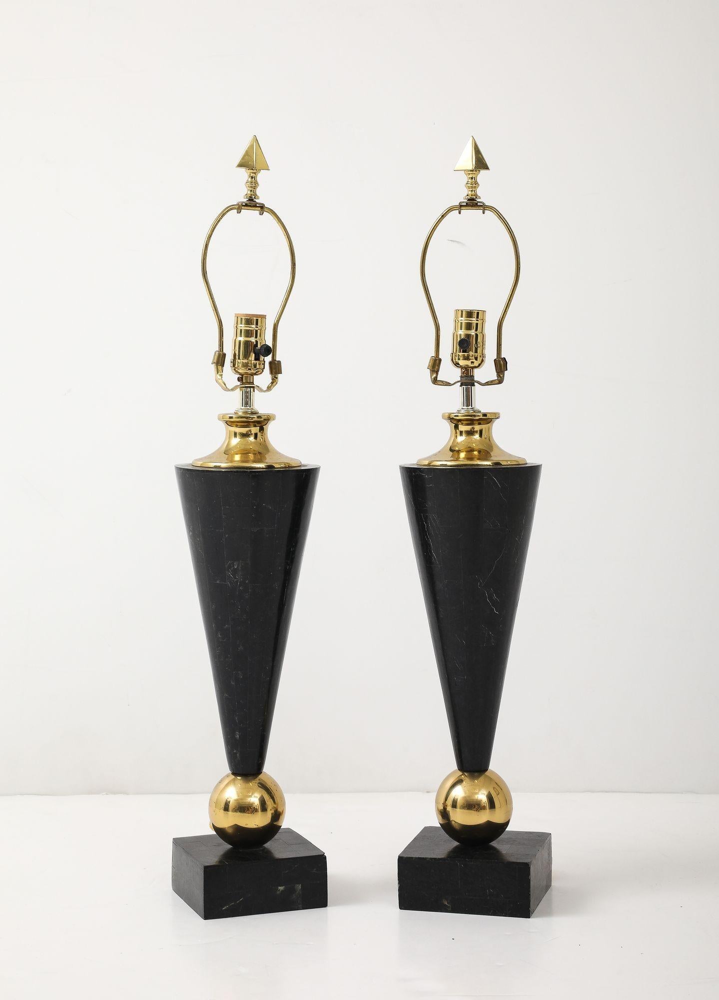 Laminated Pair of Dark Marble Designer Table Lamps For Sale