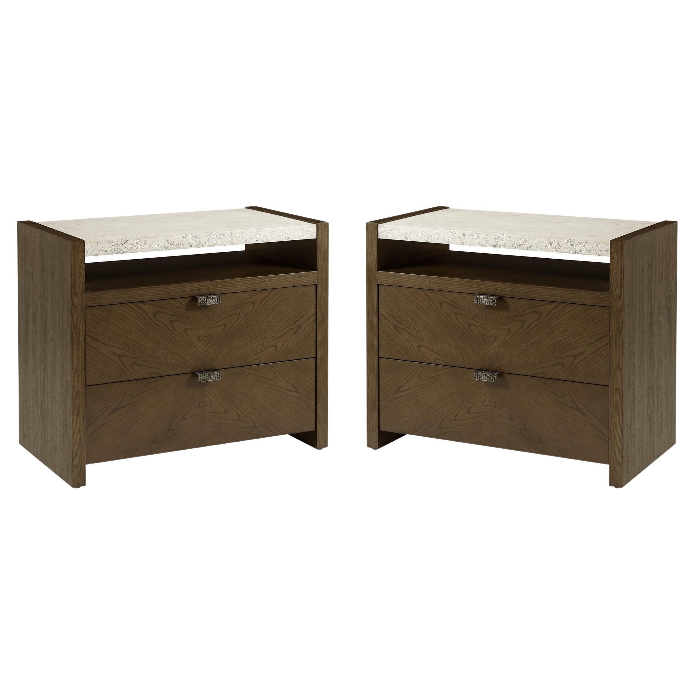 Pair of Dark Modern Two Drawer Nightstands For Sale