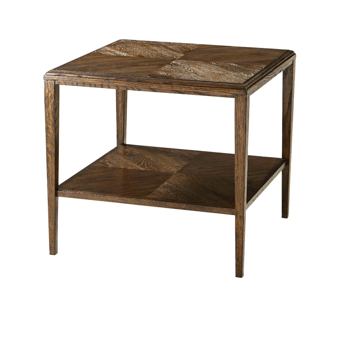 A pair of dark oak parquetry rustic end tables with parquetry patterned top and bottom tier with square tapered legs. 
Shown in Dusk Finish
Dimensions: 24