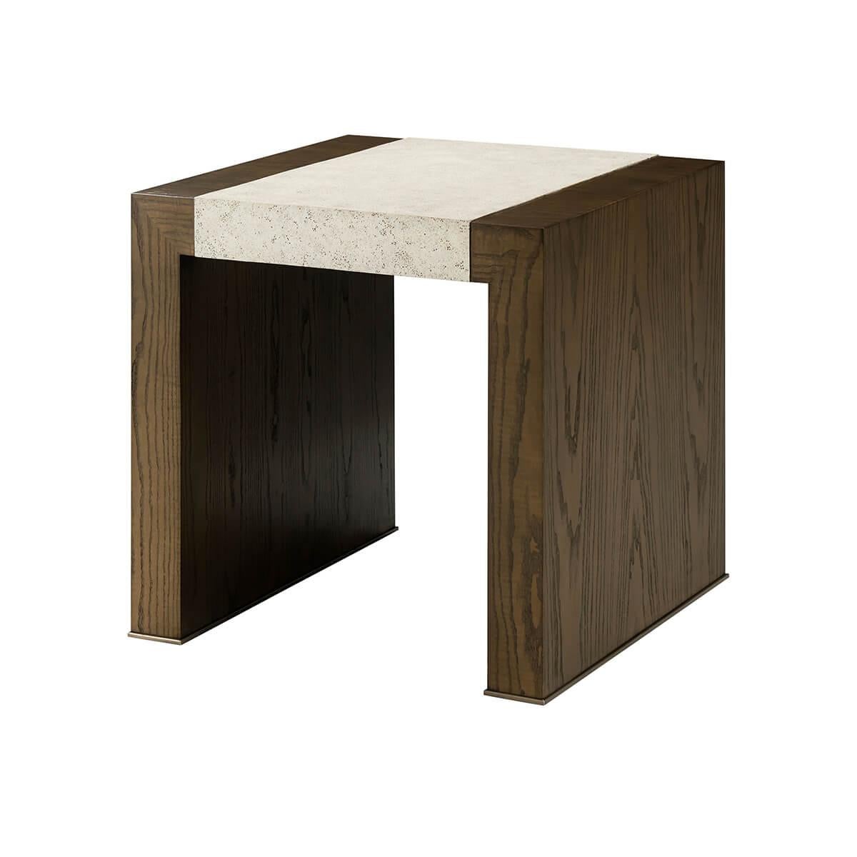 Modern side table made of figured cathedral ash in dark earth finish with our exclusive Mineral finish at the top and metal detail at the base of the legs in a bronze finish.
Dimensions: 24