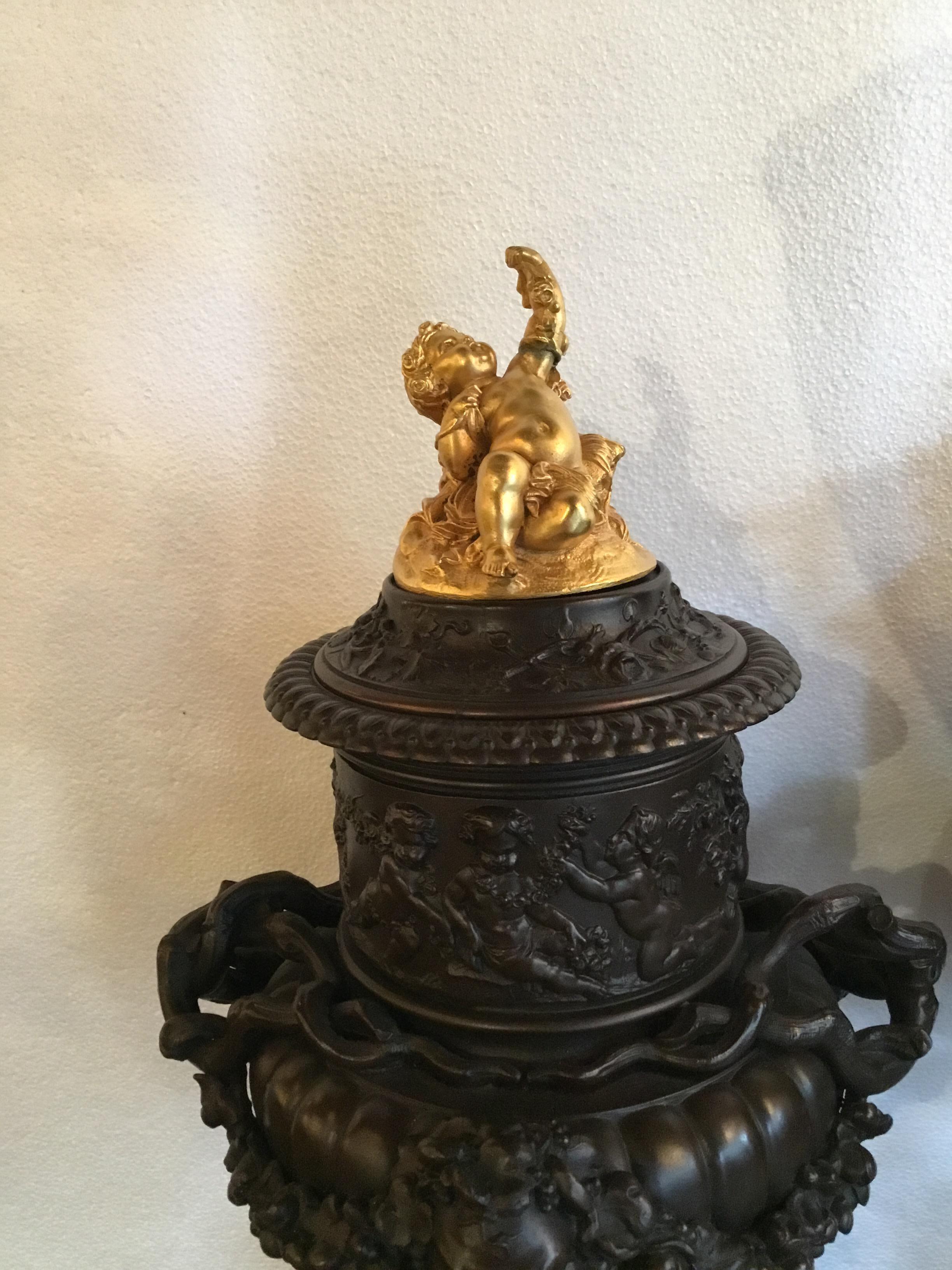 Pair of Dark Patinated Bronze Urns with Gilt Bronze Putti Caps, Baccanal Mask 2