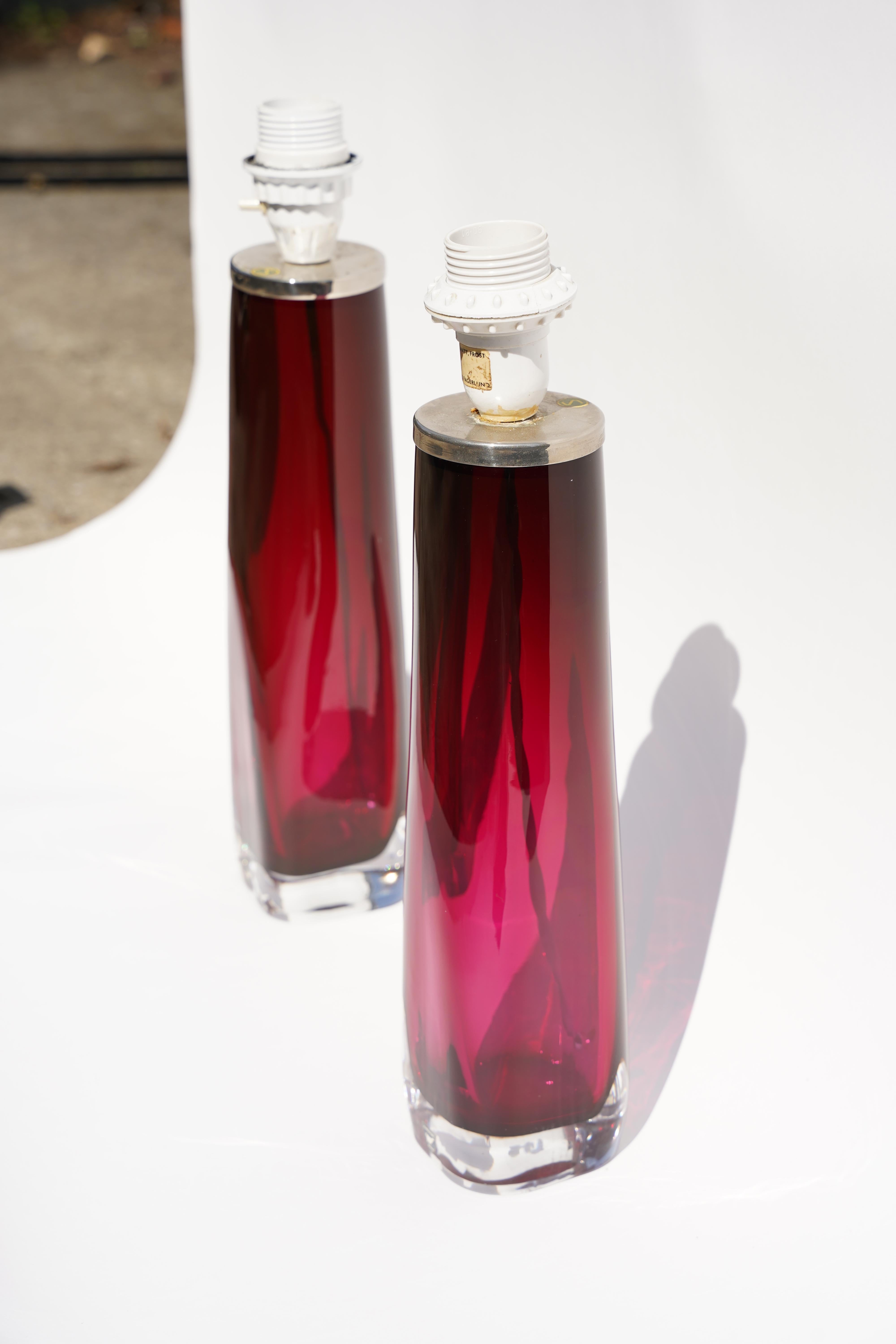 Glass Pair of dark pink Orrefors Lamps Design by Carl Fagerlund Orrefors, Sweden, 1970 For Sale