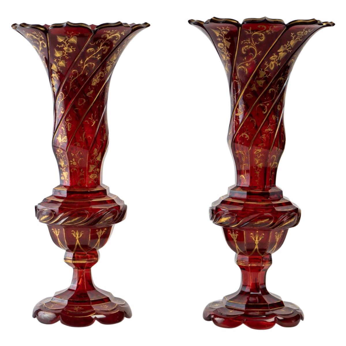 Pair of Dark Red Bohemian Crystal Vases