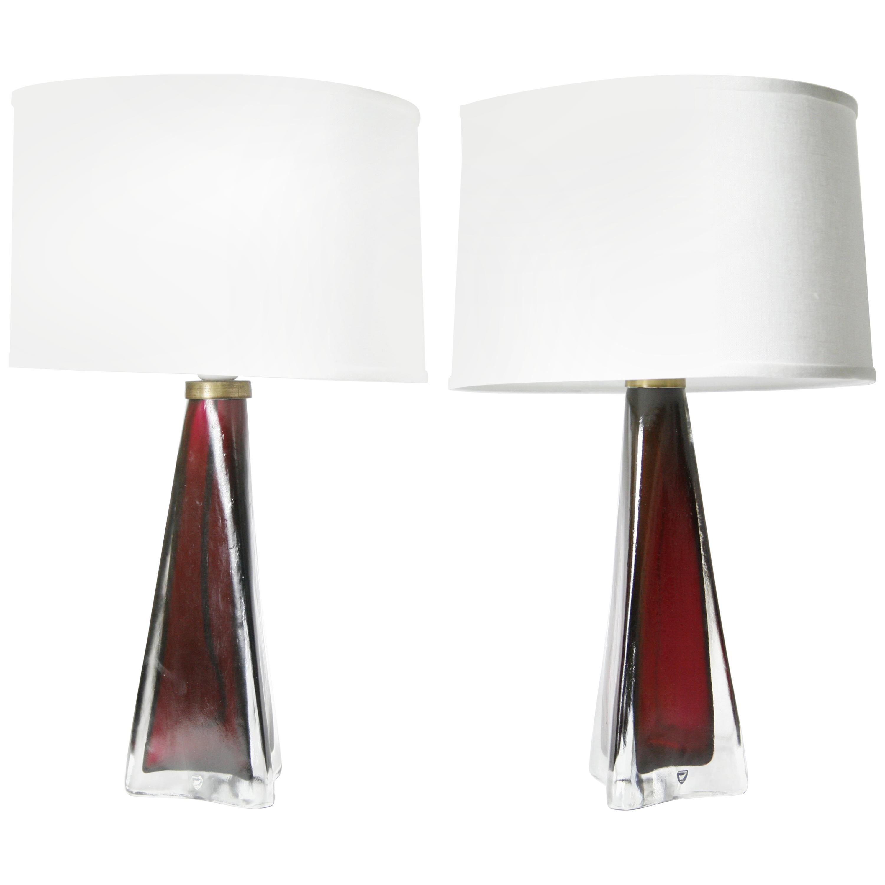 Pair of Dark Red Triangular Orrefors Lamp, Sweden, 1950